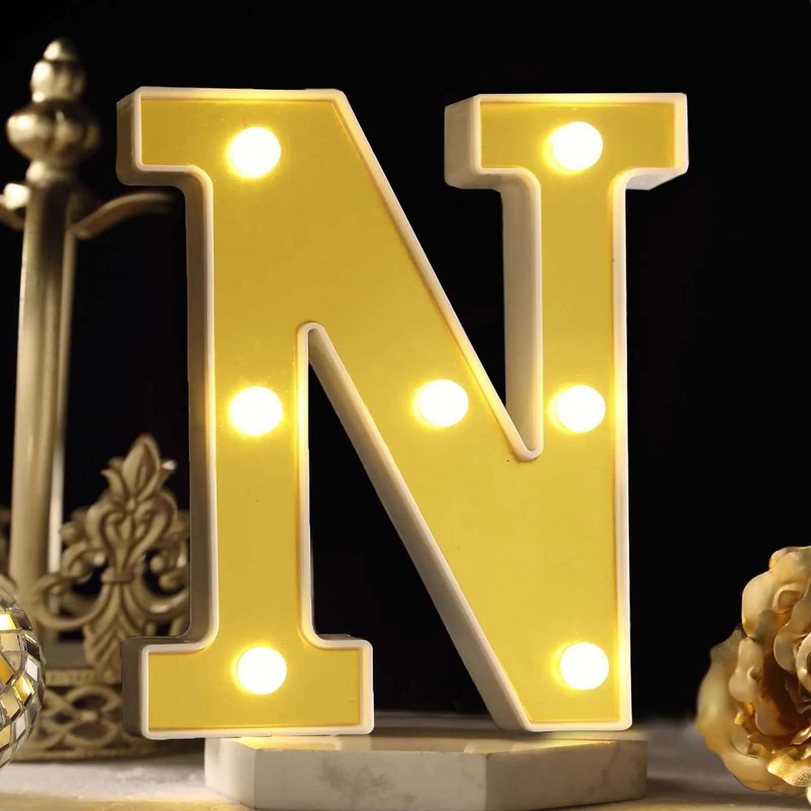 3D Marquee Letter "N" Gold with Warm White 7 LED Lights 6" - Light-Up Accent for Displays