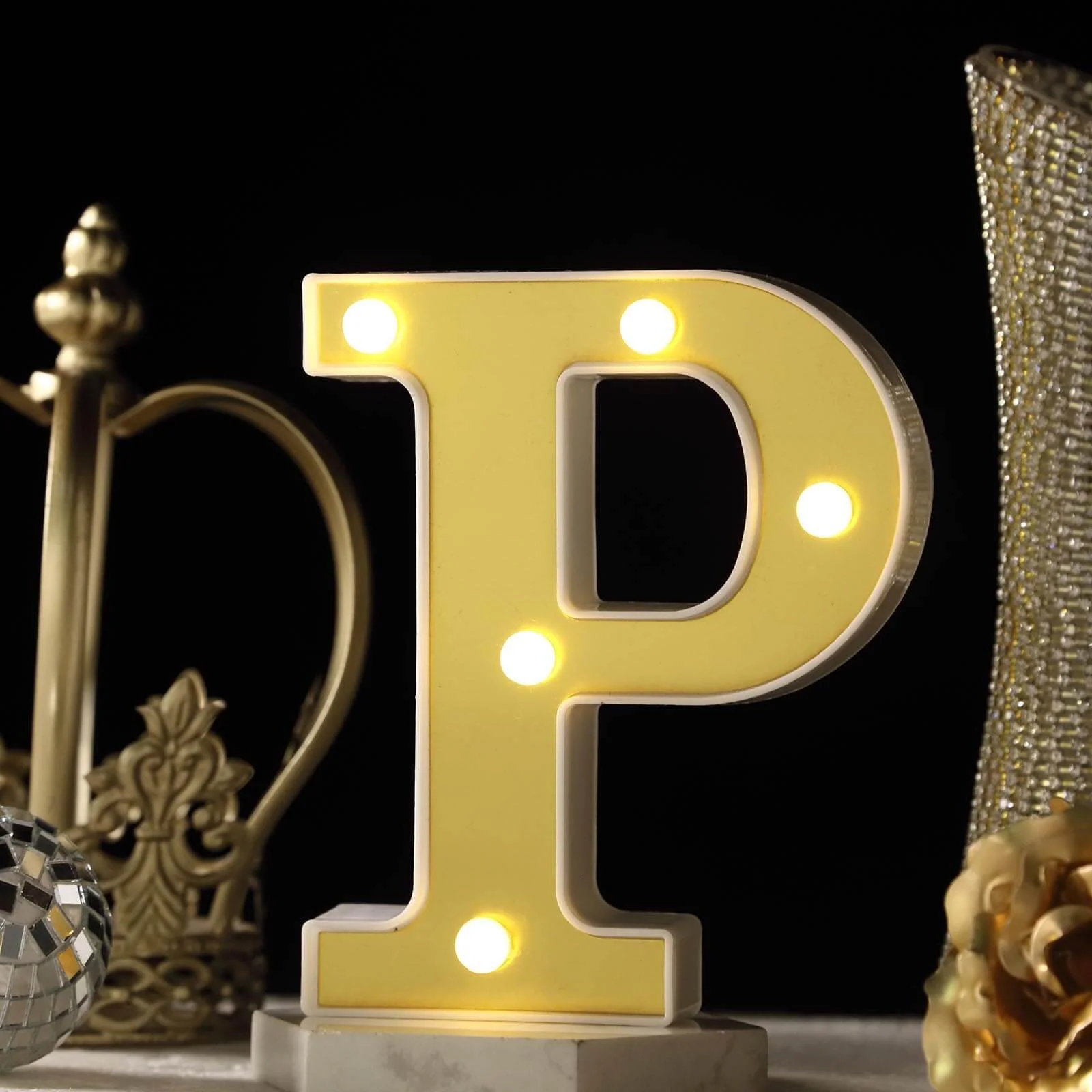 3D Marquee Letter "P" Gold with Warm White 5 LED Lights 6" - Light-Up Accent for Displays - Image 2