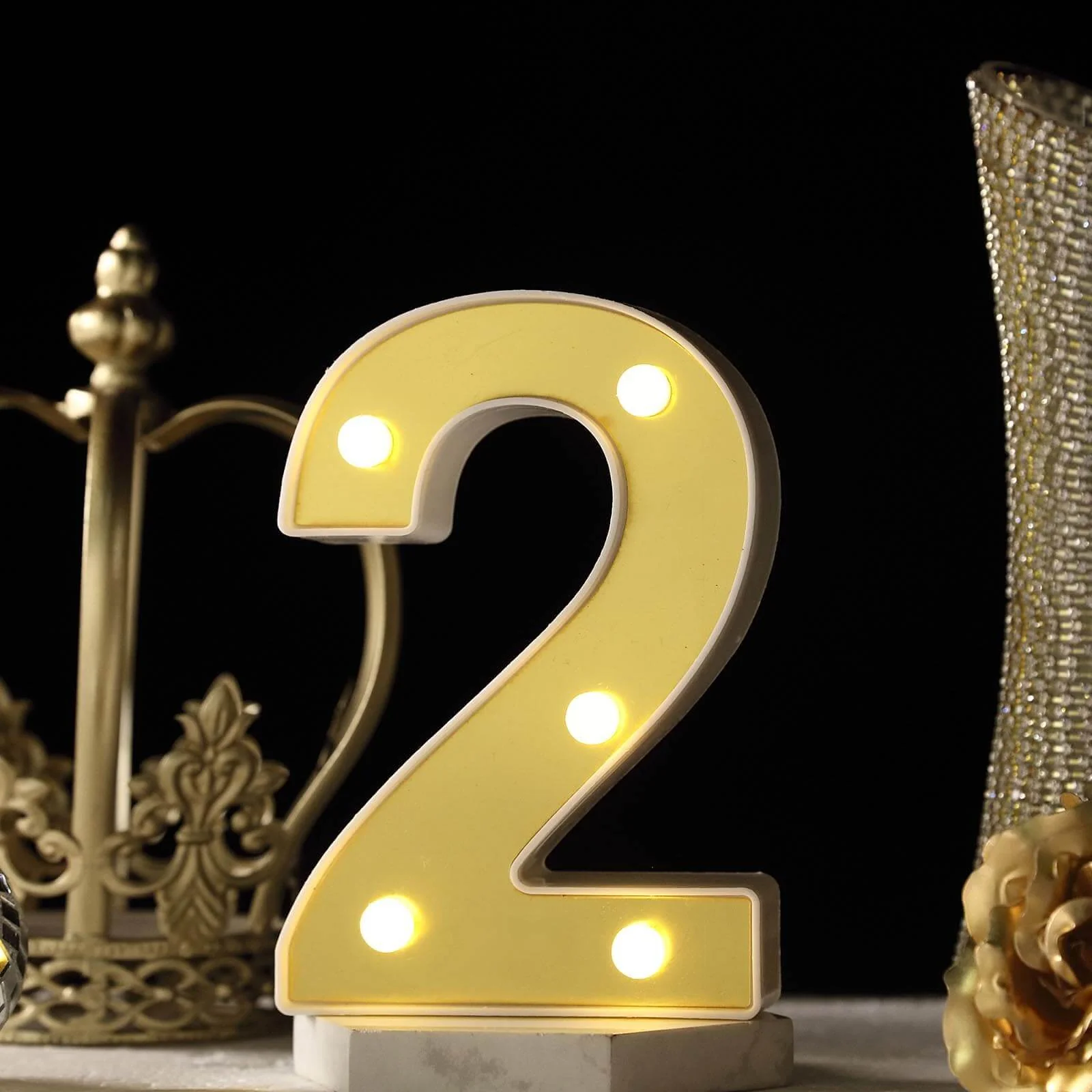 3D Marquee Number "2" Gold with Warm White 5 LED Lights 6" - Light-Up Decor for Weddings