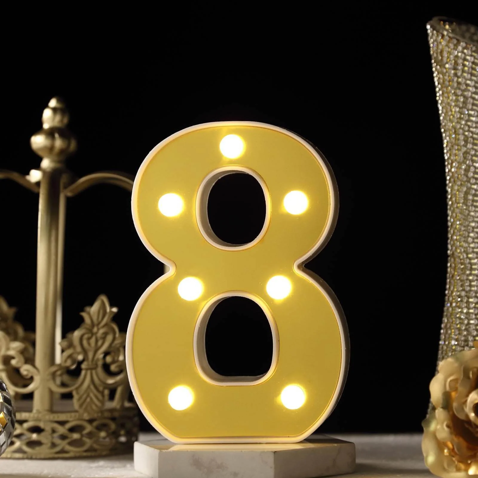 3D Marquee Number "8" Gold with Warm White 7 LED Lights 6" - Light-Up Decor for Weddings