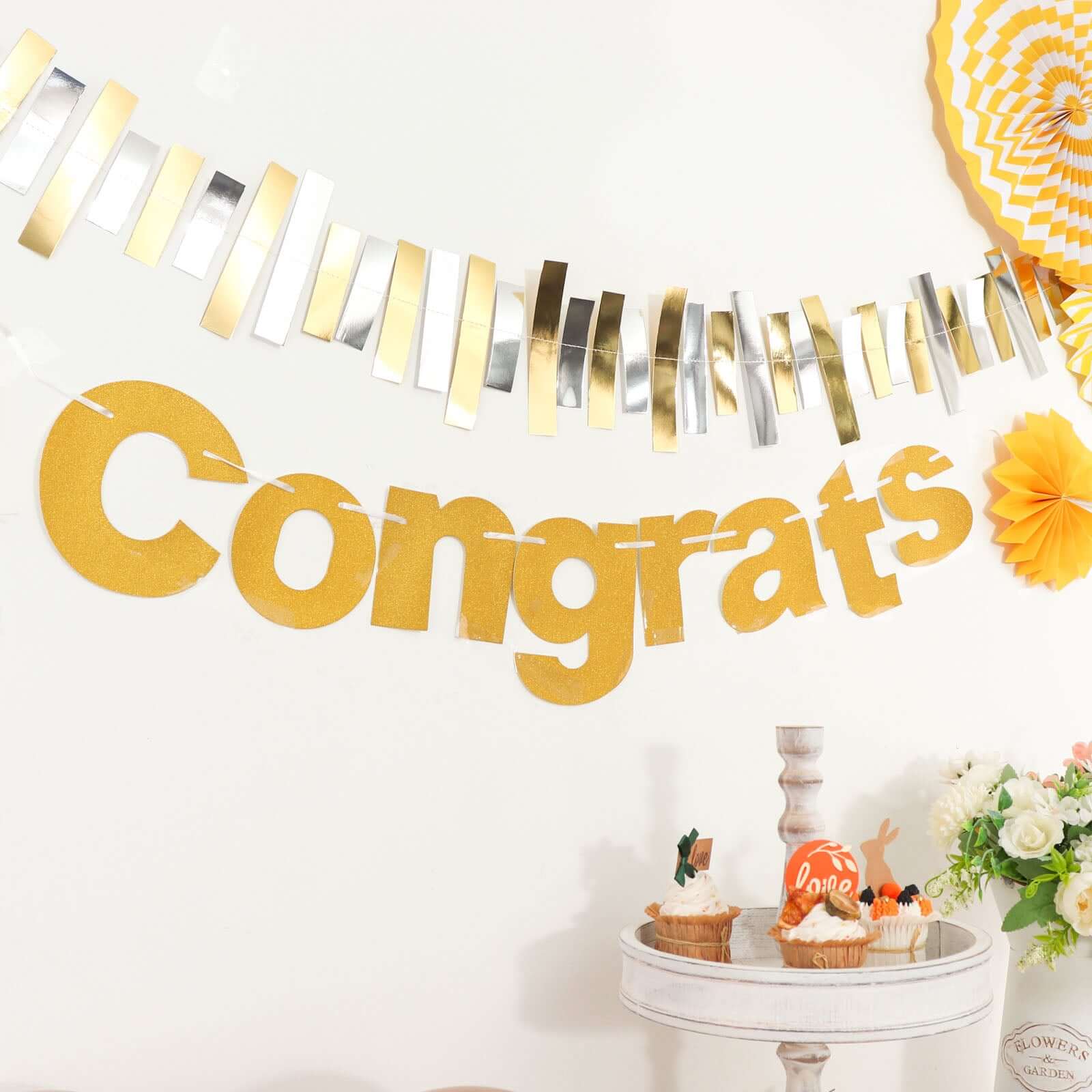 Gold Glittered Congrats Paper Hanging Garland Banner Party Decor 3ft - Image 7