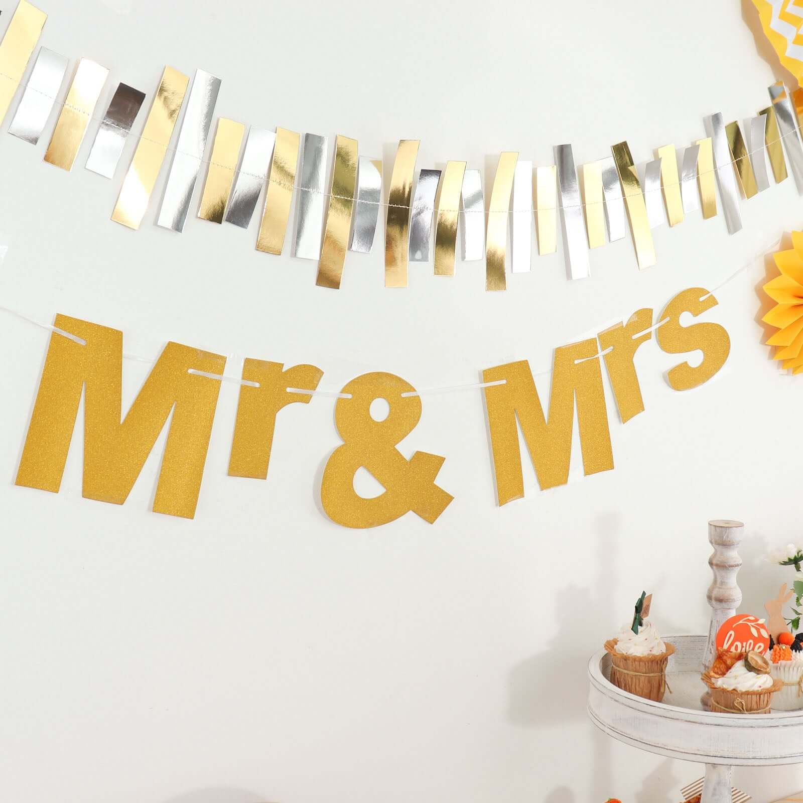 Gold Glittered Mr and Mrs Paper Hanging Wedding Anniversary Banner, Party Garland Banner 3ft - Image 11