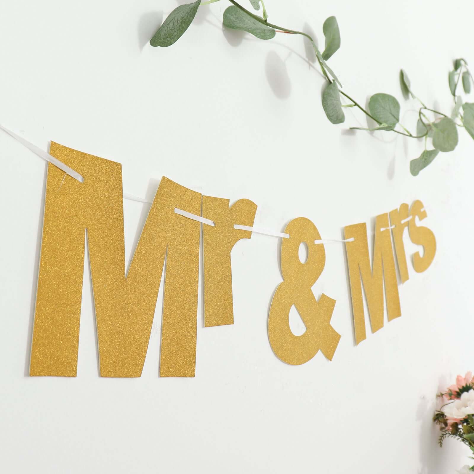 Gold Glittered Mr and Mrs Paper Hanging Wedding Anniversary Banner, Party Garland Banner 3ft - Image 2