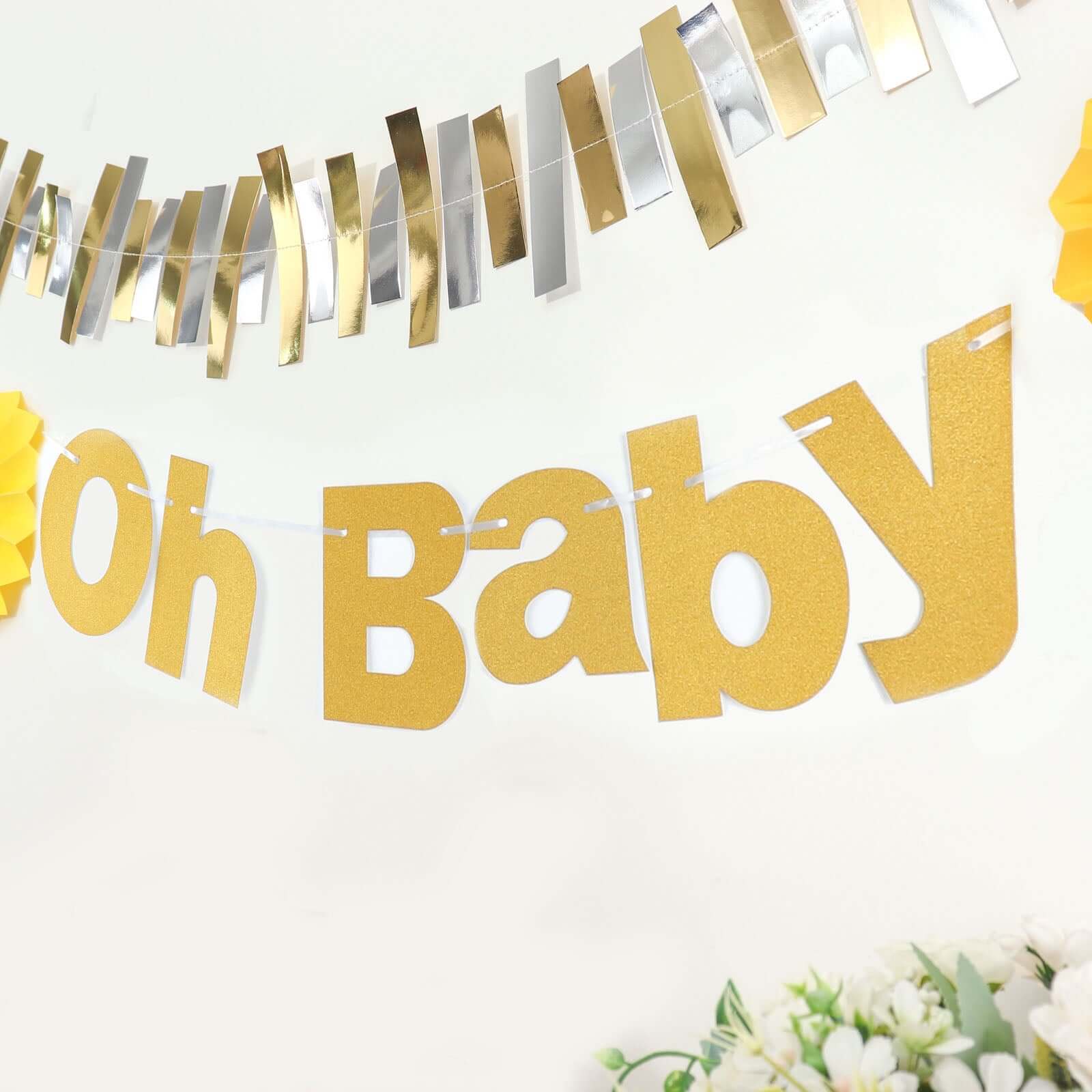 Gold Glittered Oh Baby Paper Hanging Baby Shower Garland Banner 3ft - Image 12