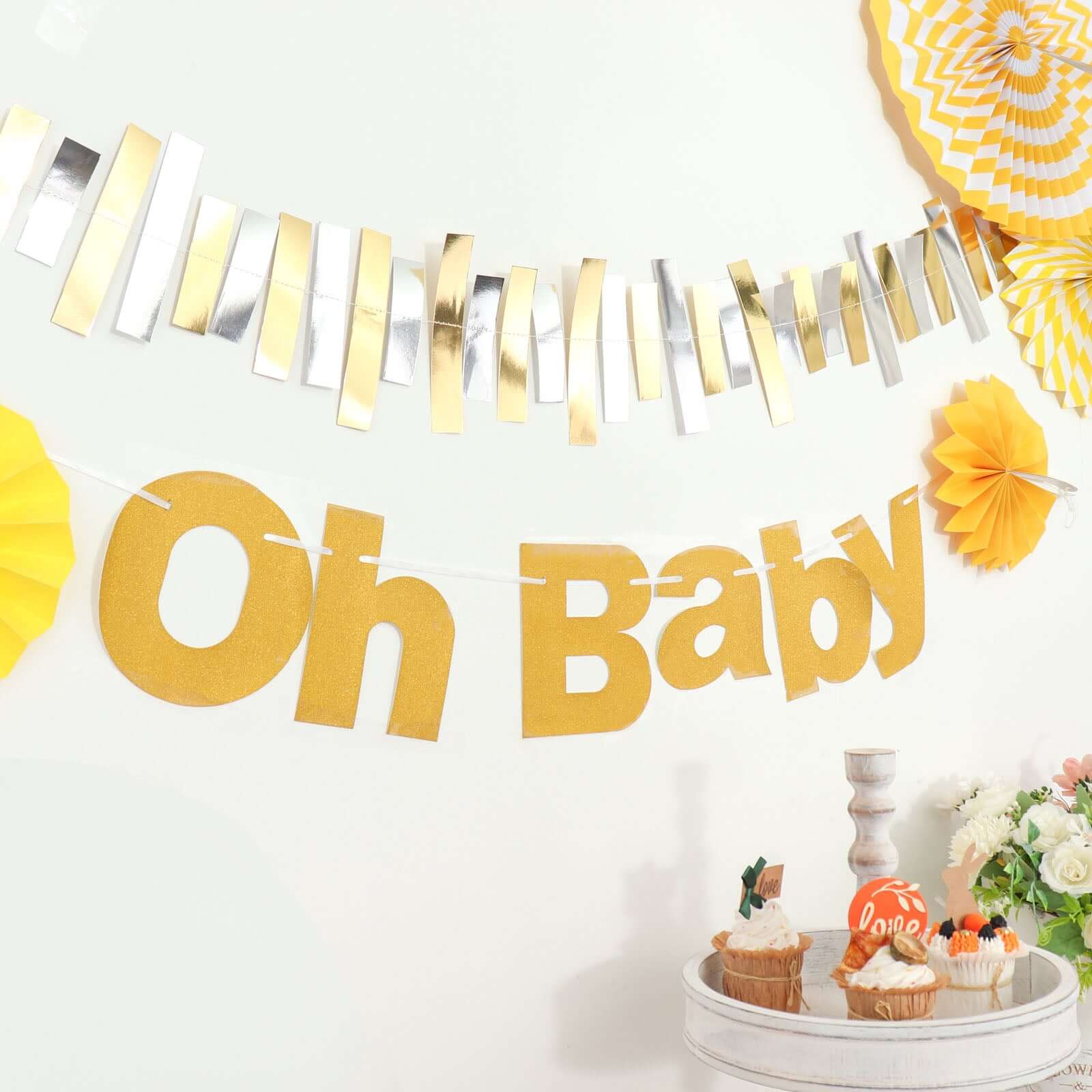 Gold Glittered Oh Baby Paper Hanging Baby Shower Garland Banner 3ft - Image 13