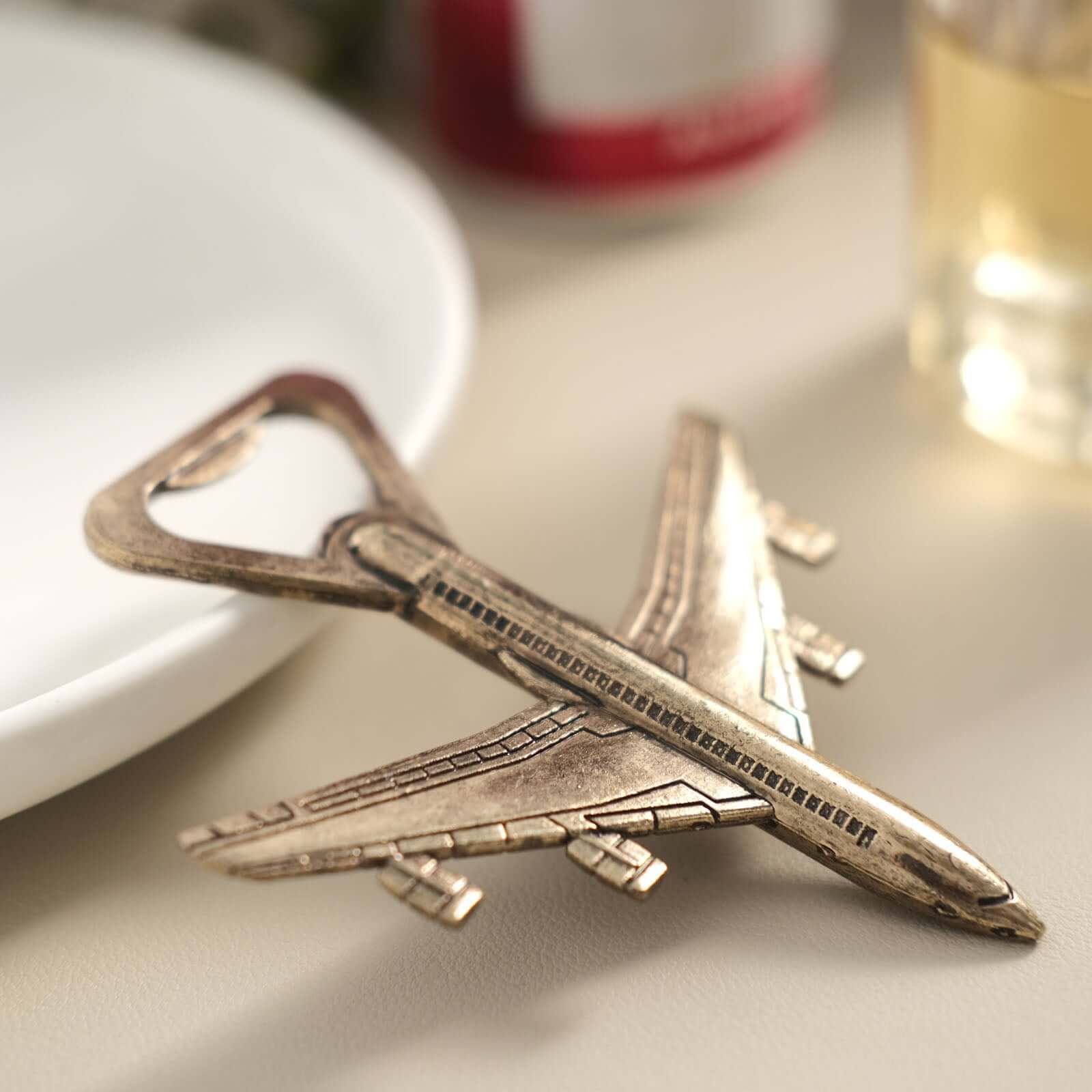 Antique Gold Metal Airplane Bottle Opener Vintage Party Favor Gift Box Pre-Packed 4" - Image 2