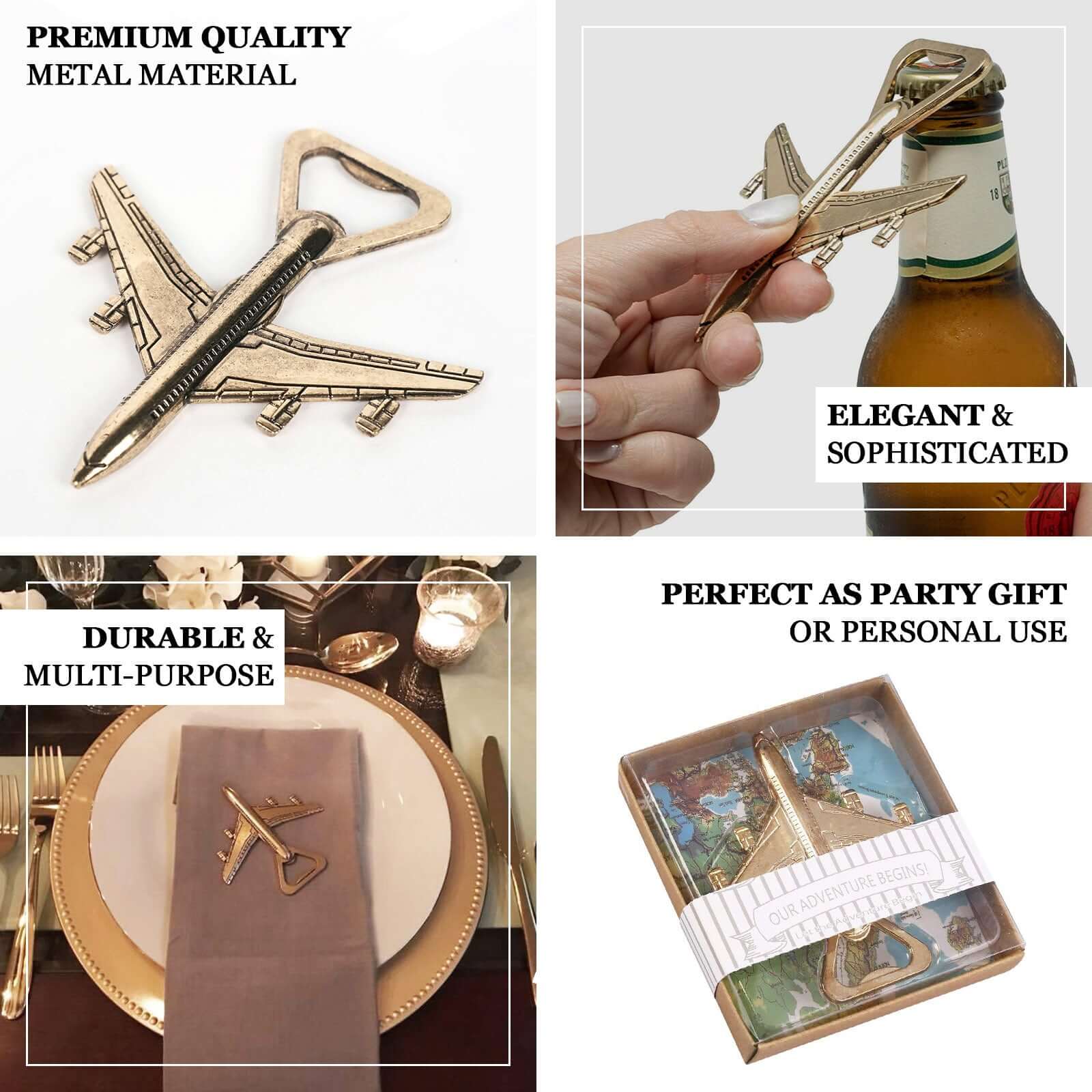 Antique Gold Metal Airplane Bottle Opener Vintage Party Favor Gift Box Pre-Packed 4" - Image 4