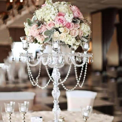4-Arm Crystal Chandelier Candelabra 35" Silver - Metal Taper Candlestick Holder Table Centerpiece for Events - Image 2