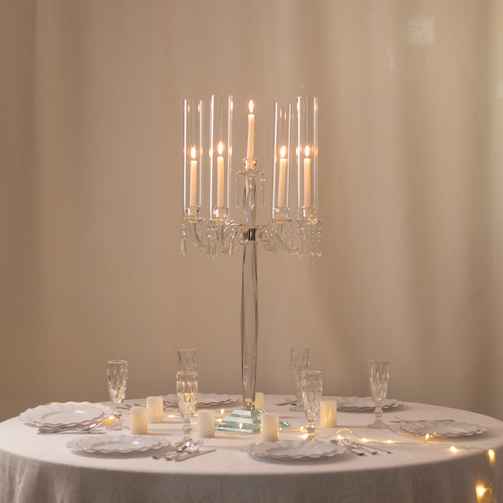 Crystal 4-Arm Candelabra Taper Candle Holder with Hurricane Glass Shades – Table Centerpiece with Pedestal Base & Hanging Crystal Accents - 38" Tall