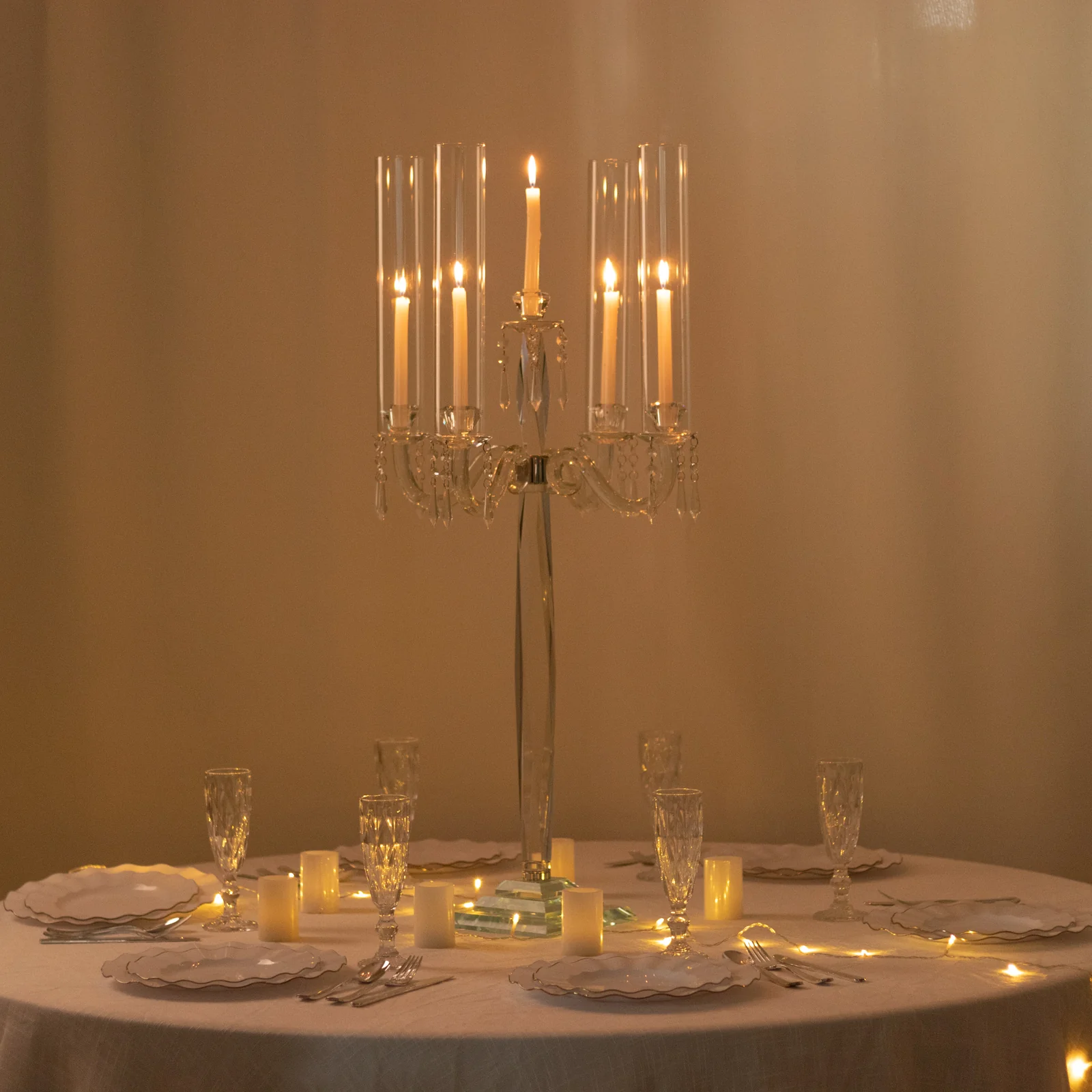 Crystal 4-Arm Candelabra Taper Candle Holder with Hurricane Glass Shades – Table Centerpiece with Pedestal Base & Hanging Crystal Accents - 38" Tall - Image 6