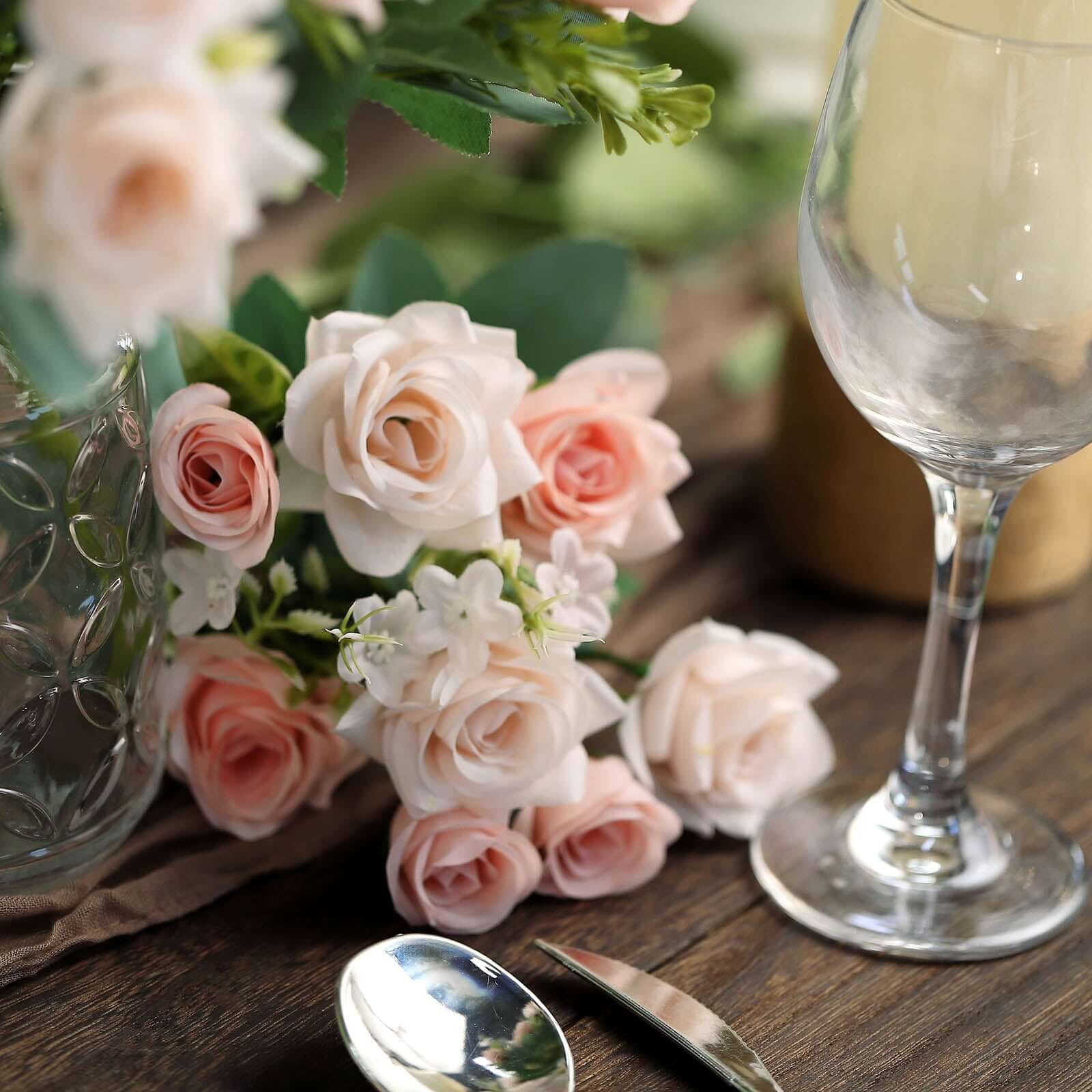 4 Bushes Blush Real Touch Artificial Silk Rose Bridal Bouquet, Faux Flowers 12" - Image 2