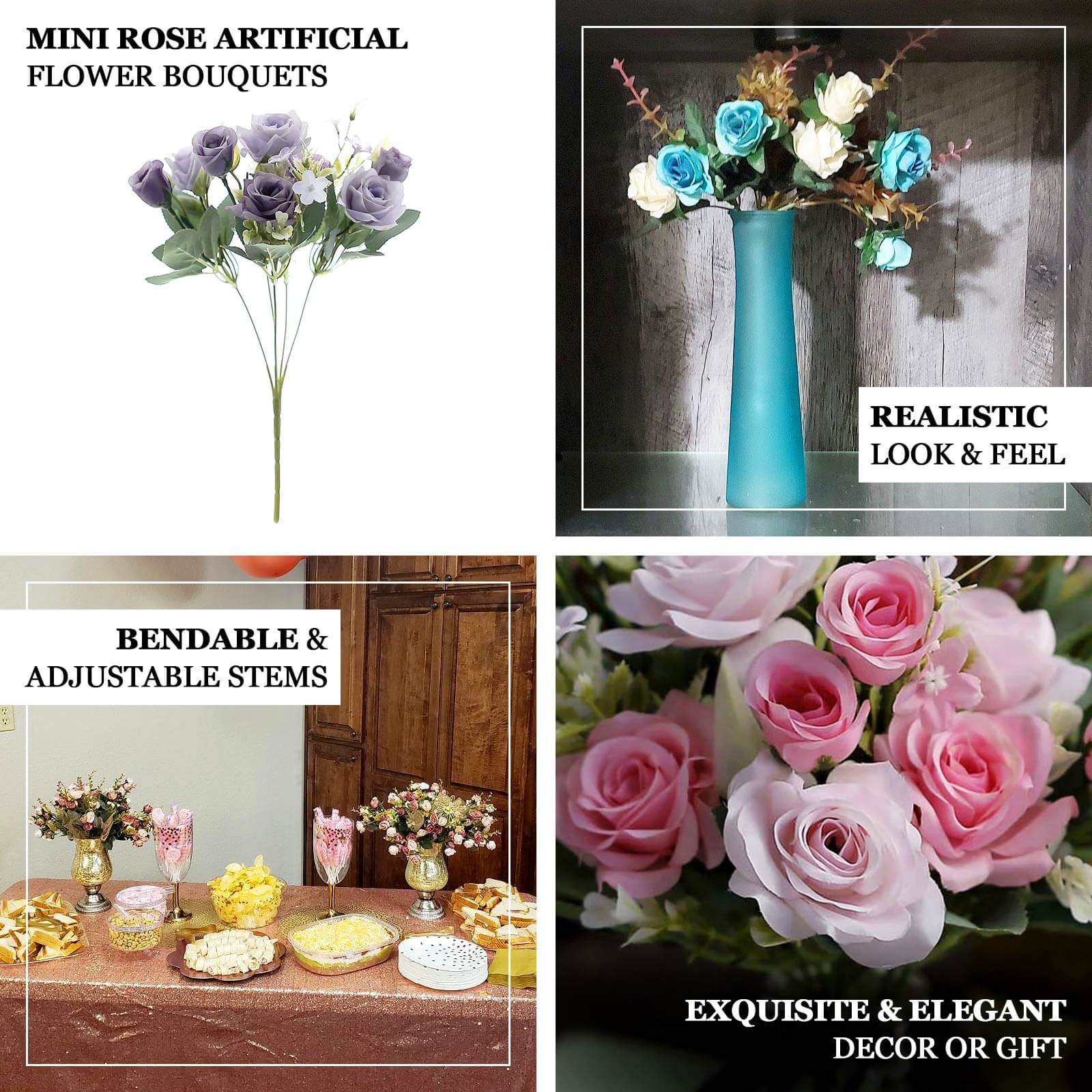 4 Bushes Blush Real Touch Artificial Silk Rose Bridal Bouquet, Faux Flowers 12" - Image 4