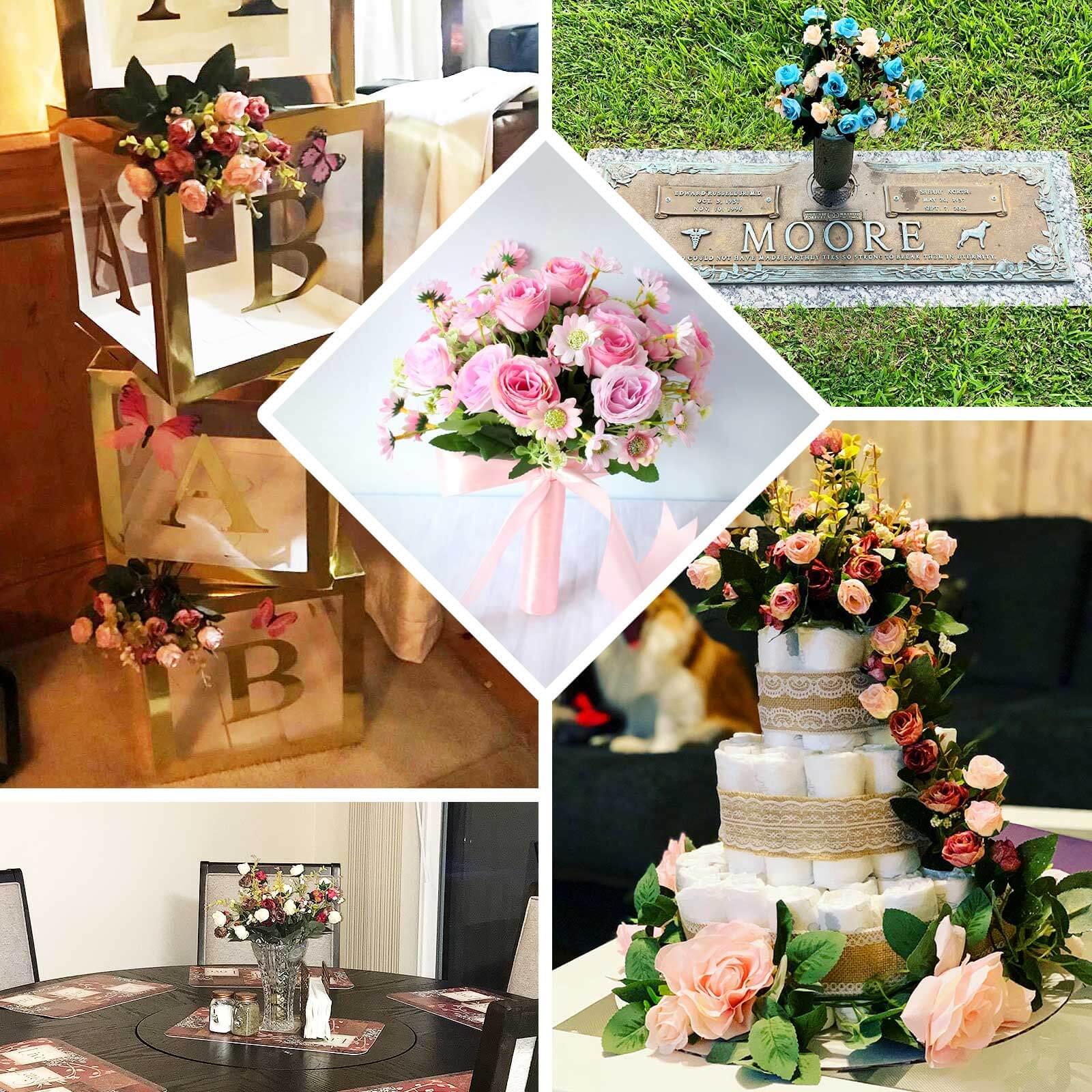 4 Bushes Blush Real Touch Artificial Silk Rose Bridal Bouquet, Faux Flowers 12" - Image 5