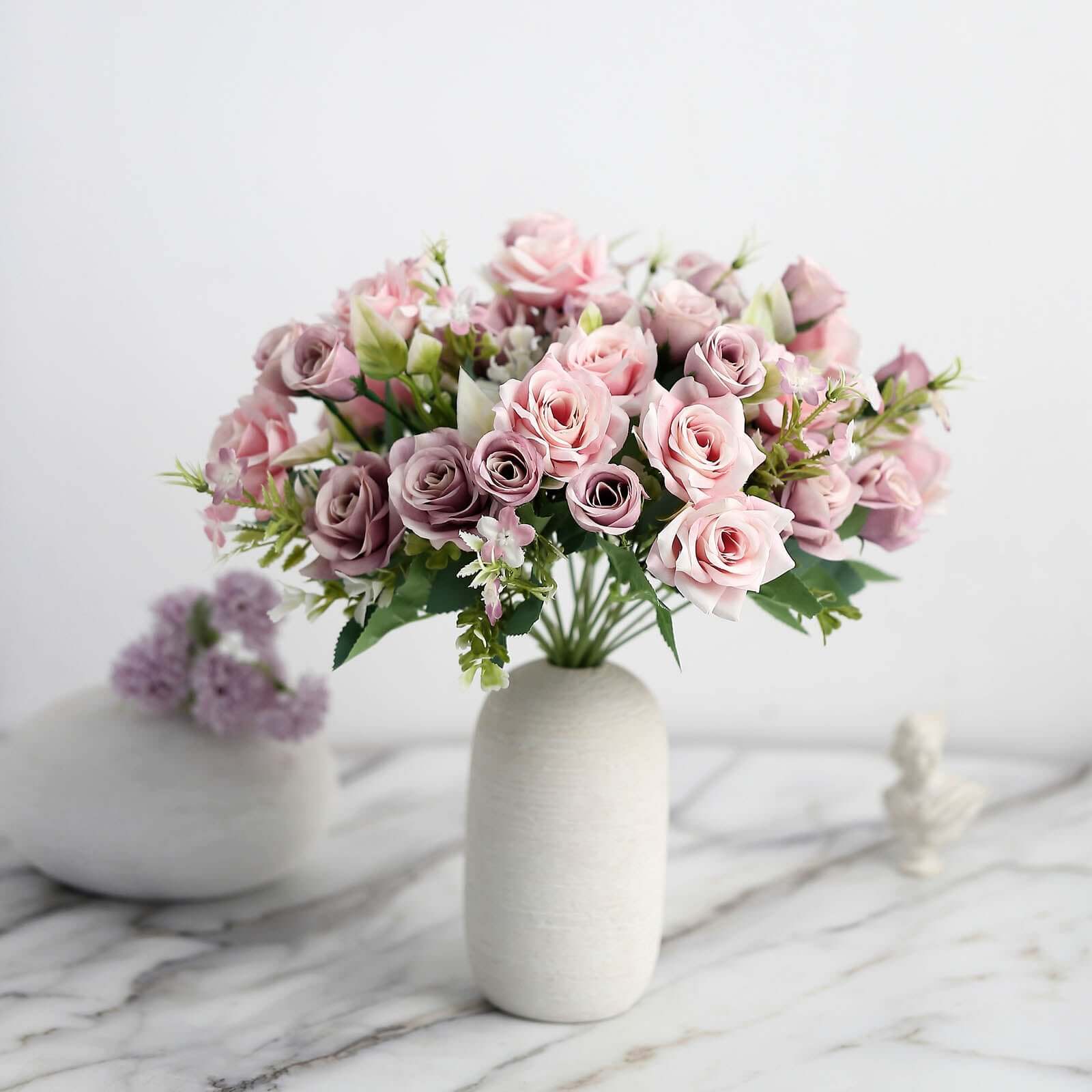 4 Bushes Dusty Rose Real Touch Artificial Silk Rose Bridal Bouquet, Faux Flowers 12"