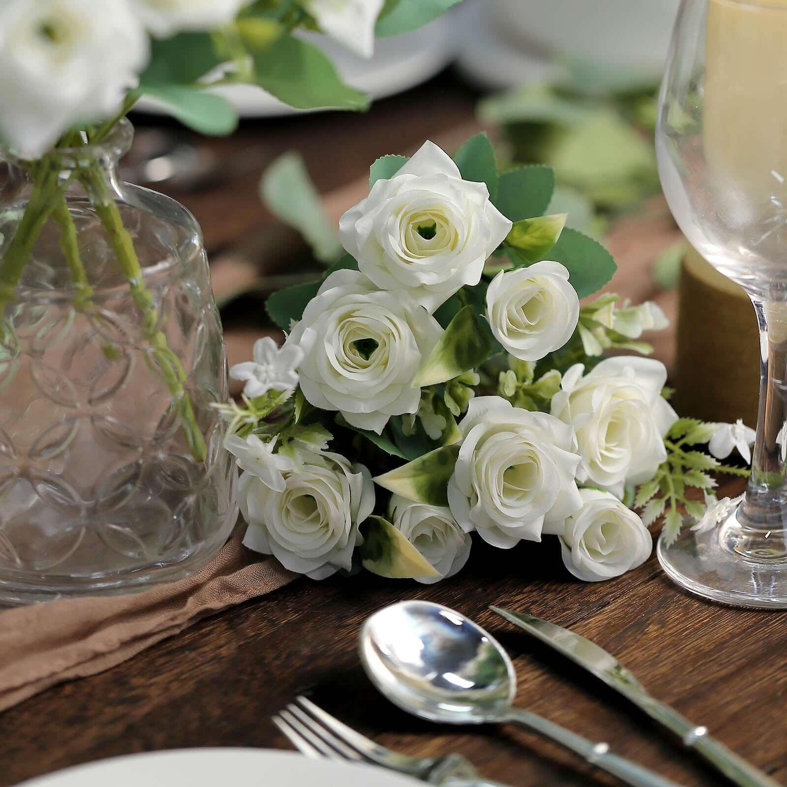 4 Bushes Ivory Real Touch Artificial Silk Rose Bridal Bouquet, Faux Flowers 12" - Image 2
