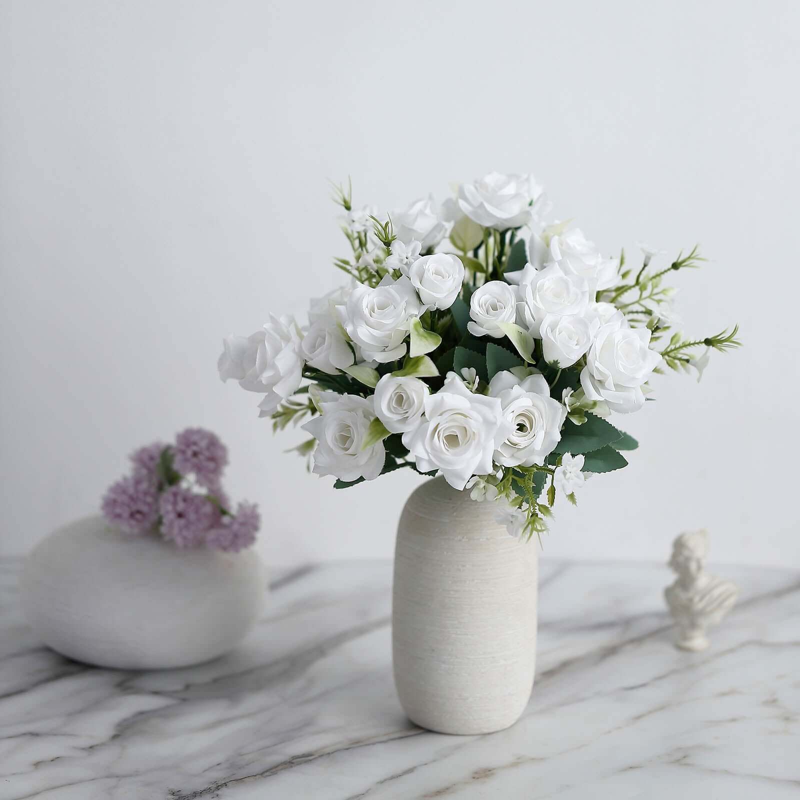 4 Bushes White Real Touch Artificial Silk Rose Bridal Bouquet, Faux Flowers 12"