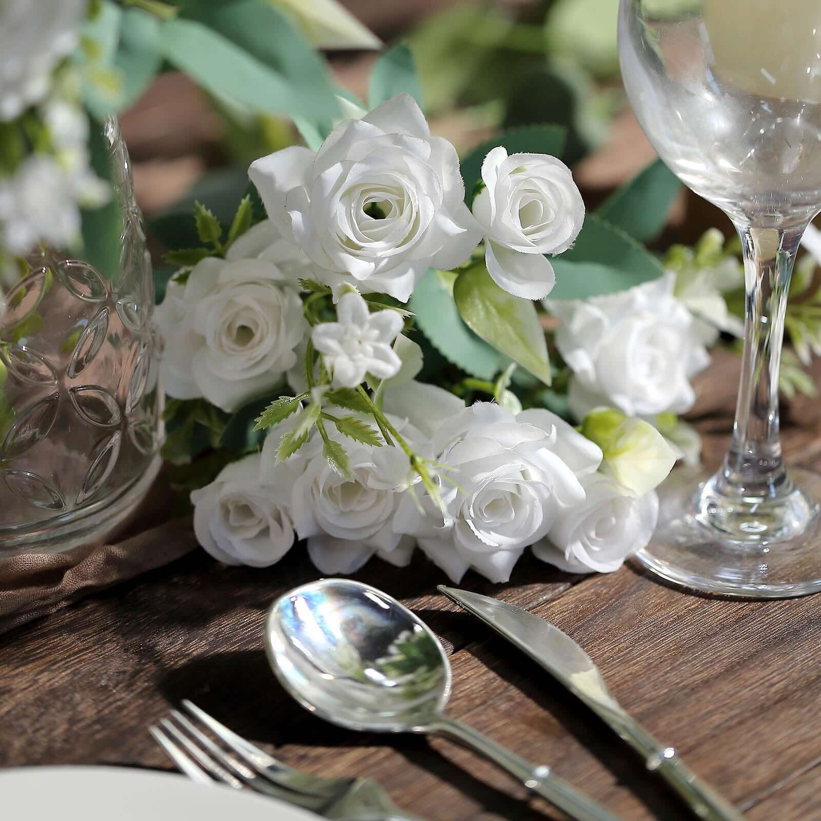 4 Bushes White Real Touch Artificial Silk Rose Bridal Bouquet, Faux Flowers 12" - Image 2