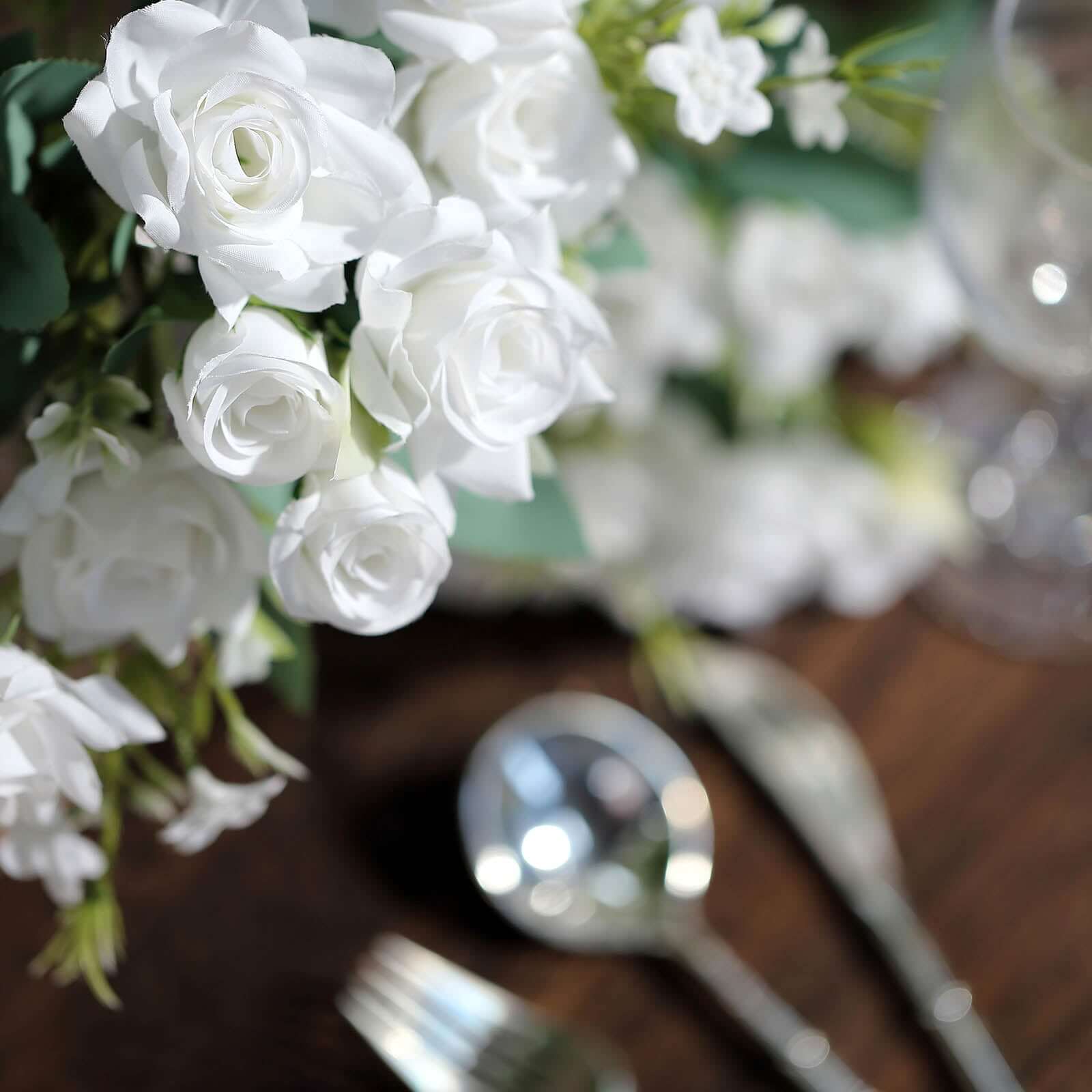 4 Bushes White Real Touch Artificial Silk Rose Bridal Bouquet, Faux Flowers 12" - Image 8