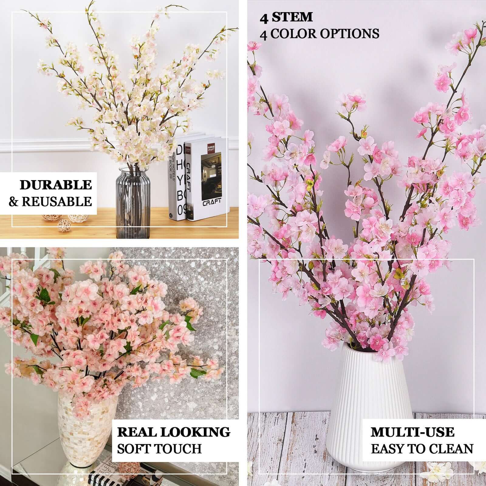 4 Stems Cream Artificial Silk Cherry Blossom Flower Branches – 40" Tall - Image 4