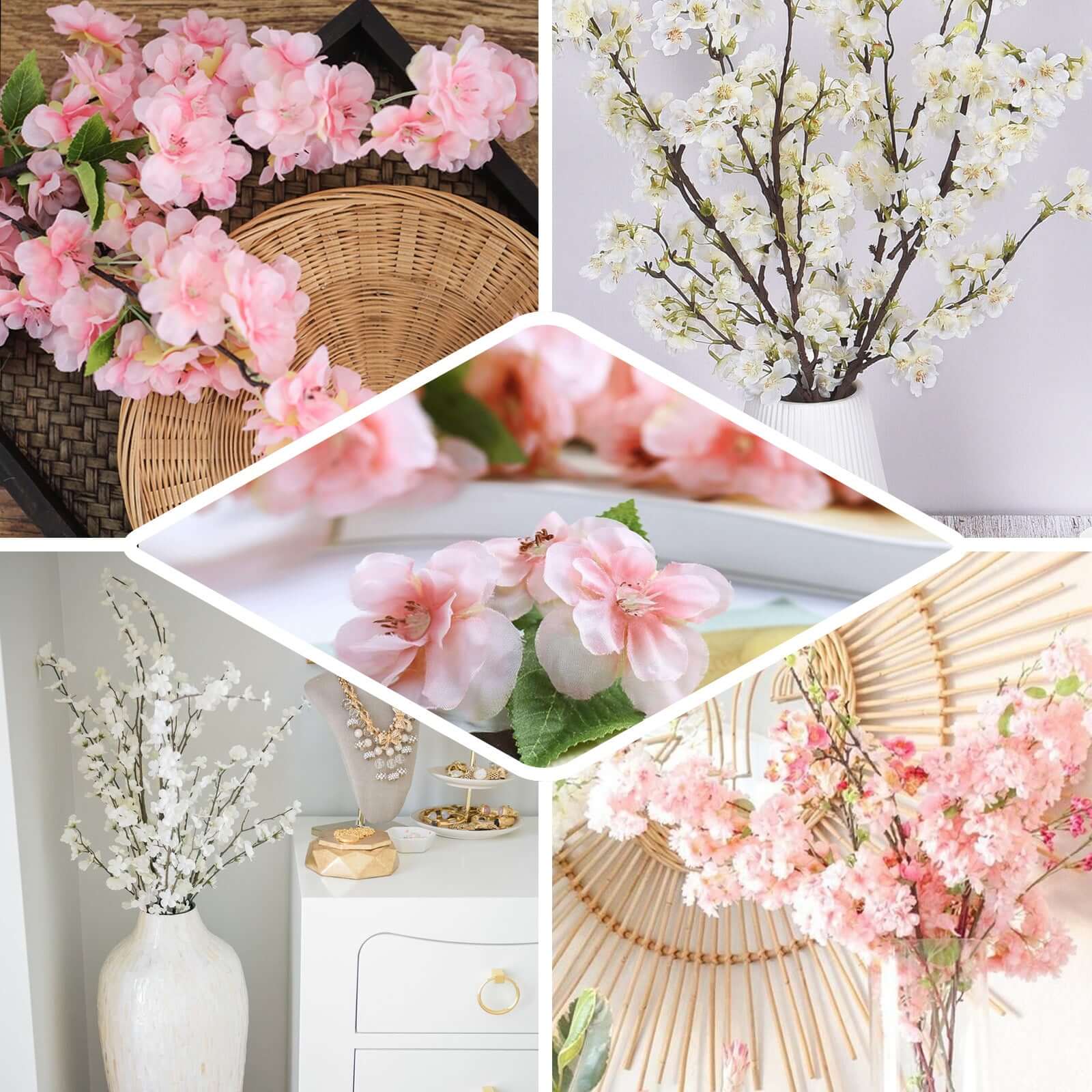 4 Stems Cream Artificial Silk Cherry Blossom Flower Branches – 40" Tall - Image 5