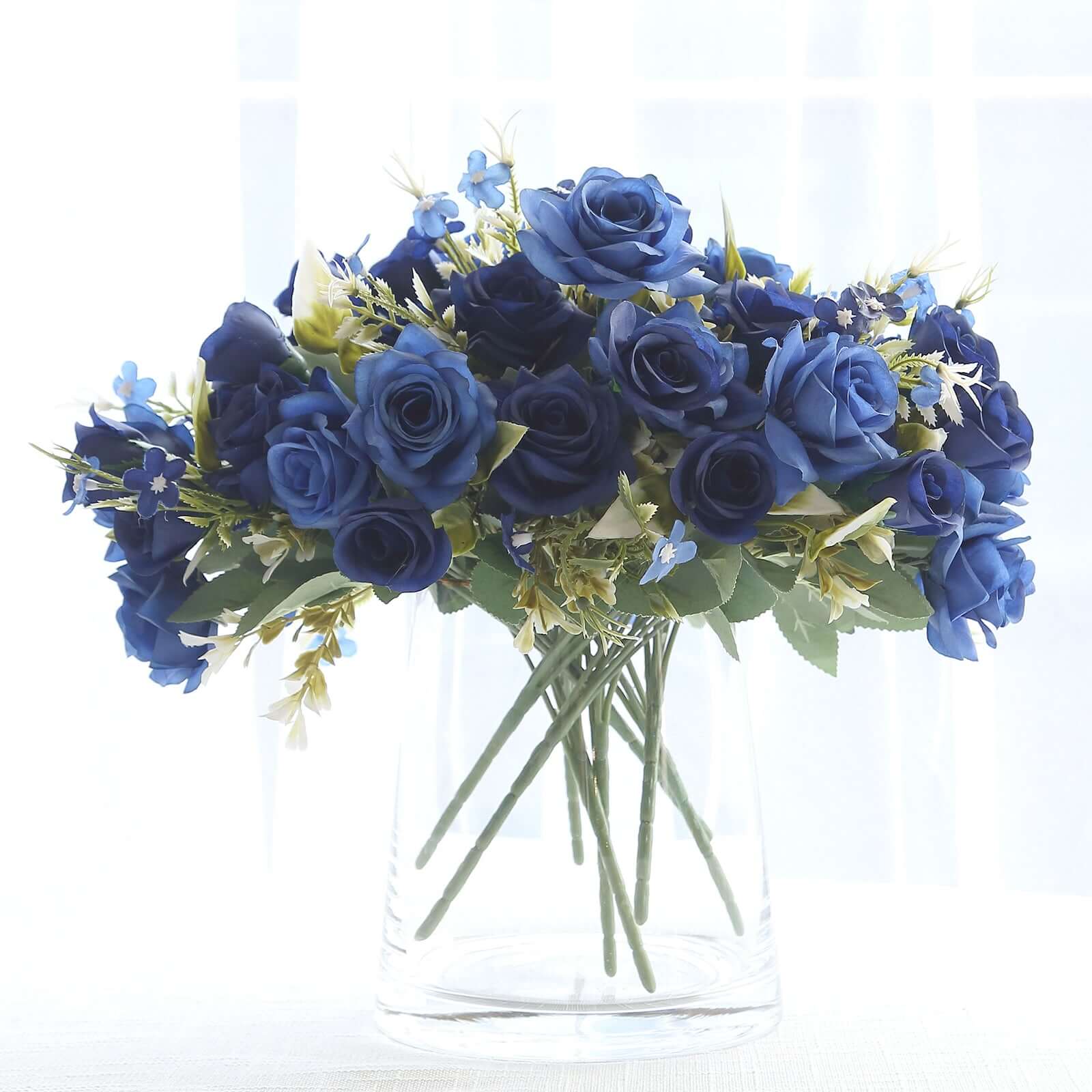4 Bushes Navy Blue Real Touch Artificial Silk Rose Bridal Bouquet, Faux Flowers 12" - Image 6