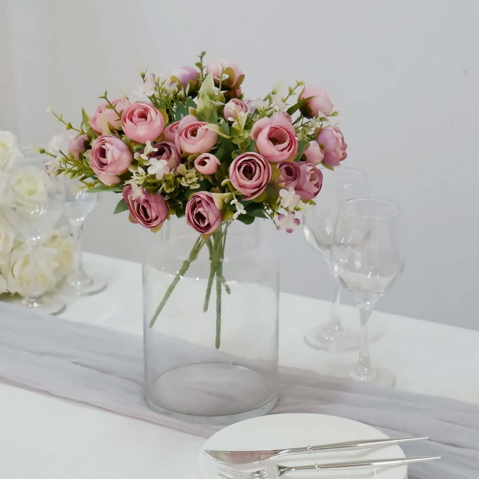 4 Pack Artificial Dusty Rose Mini Ranunculus Silk Flower Arrangements, Faux Buttercup Floral Bouquets 12" - Image 6