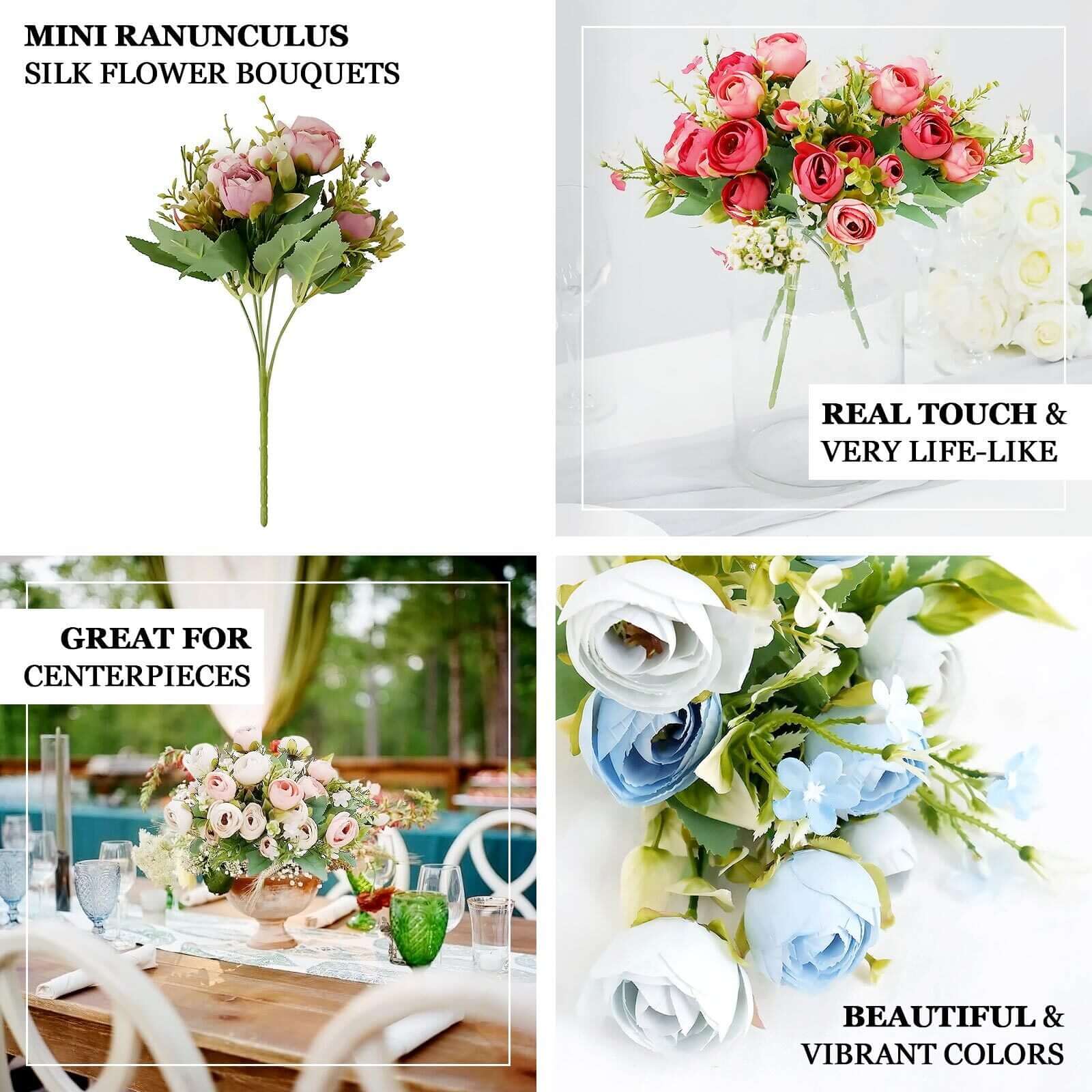 4 Pack Artificial Ivory Mini Ranunculus Silk Flower Arrangements, Faux Buttercup Floral Bouquets 12" - Image 4