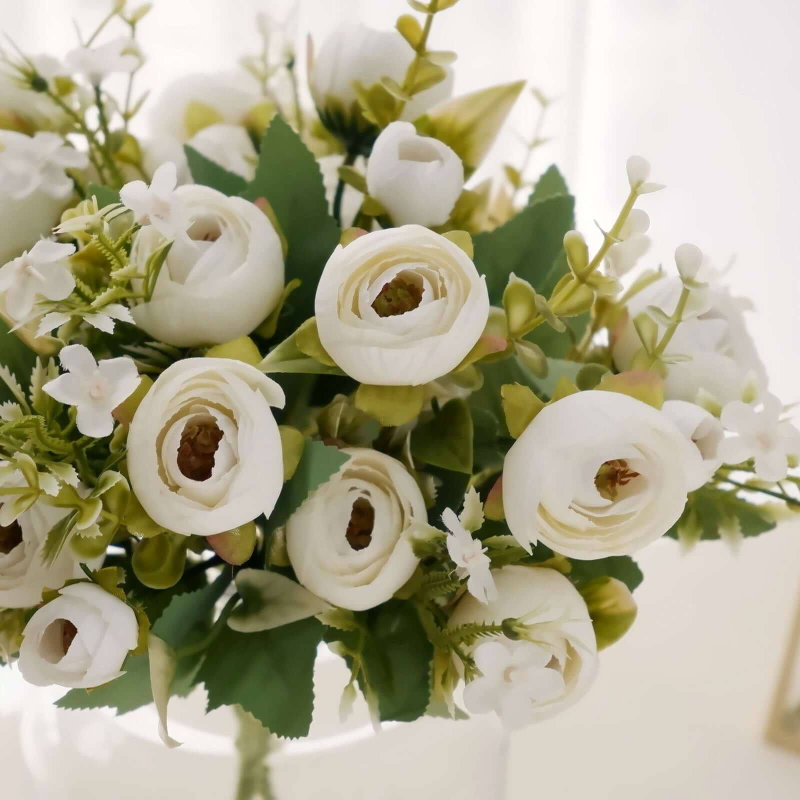 4 Pack Artificial Ivory Mini Ranunculus Silk Flower Arrangements, Faux Buttercup Floral Bouquets 12" - Image 8