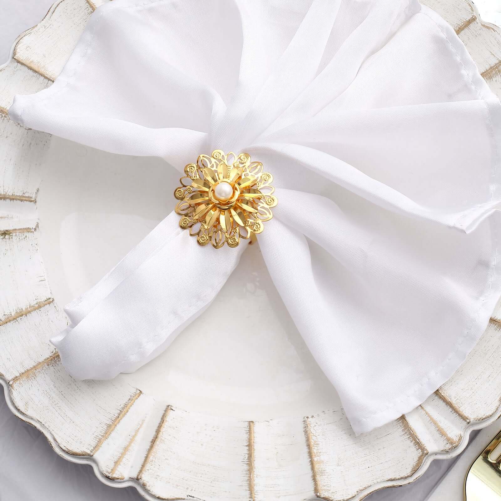 4 Pack Elegant Gold Metal Pearl Daffodil Flower Napkin Rings, Floral Serviette Buckle Napkin Holders 2" - Image 4