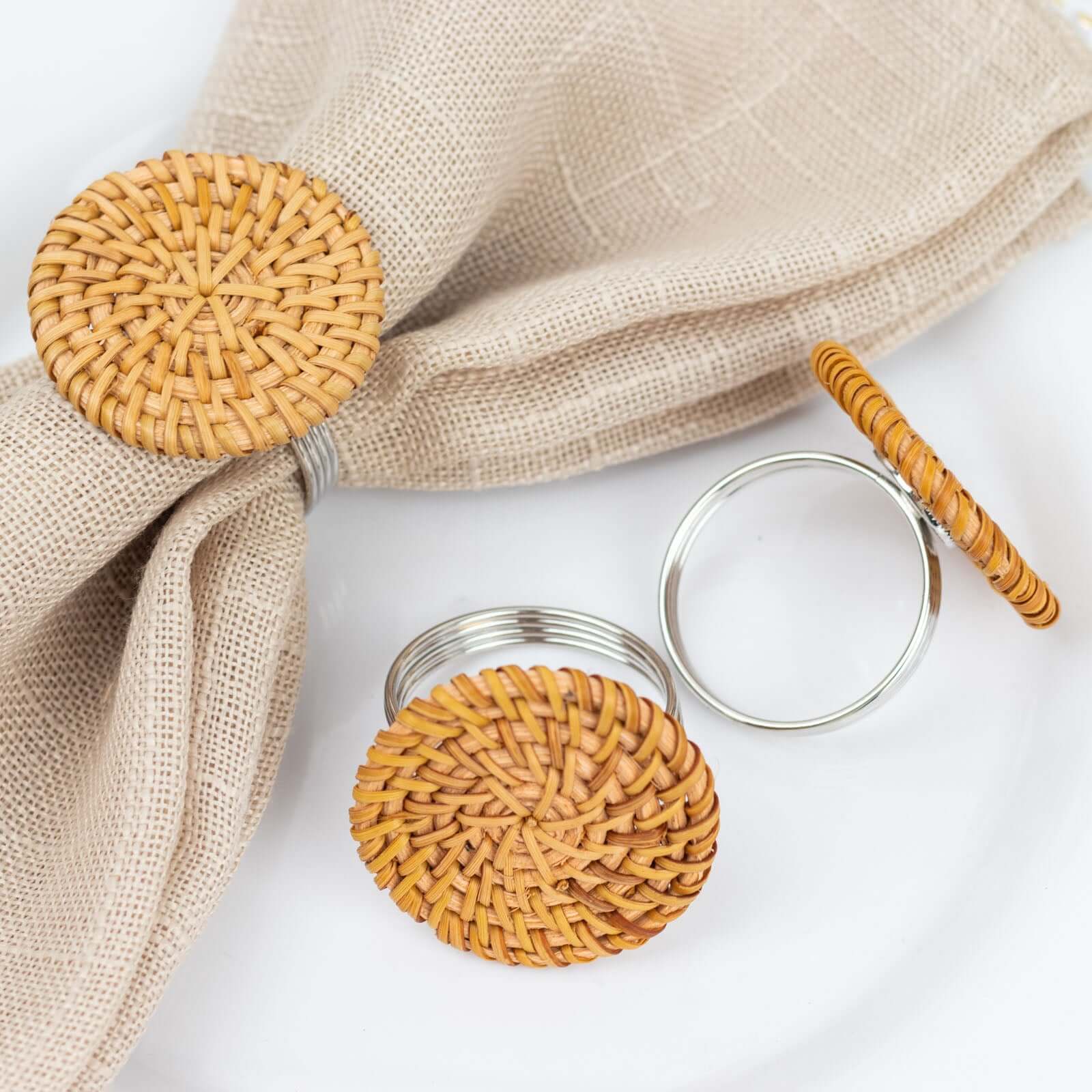 4 Pack Natural Farmhouse Style Jute Rattan Metal Napkin Rings, Handmade Rustic Woven Serviette Buckle Holders 2" - Image 10