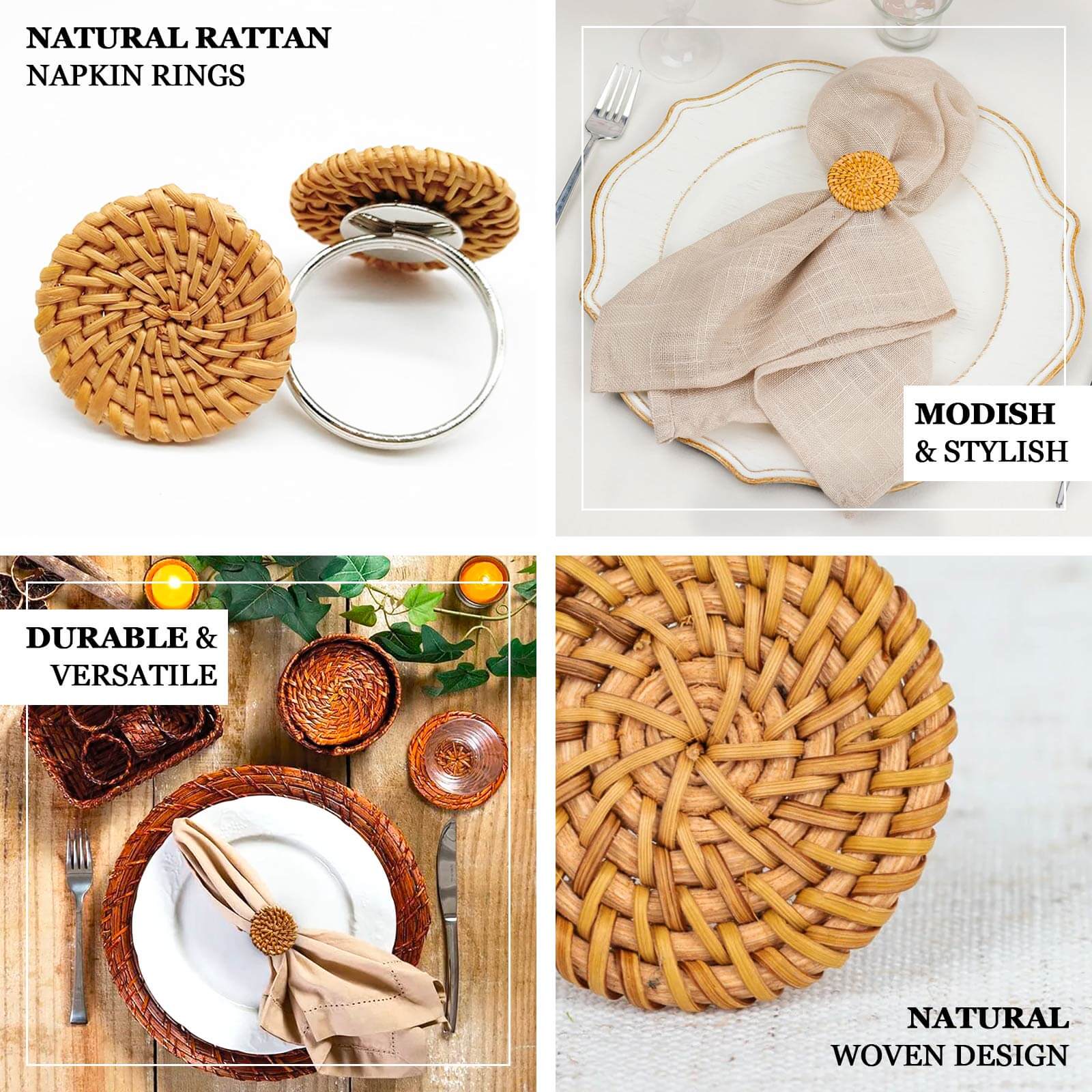 4 Pack Natural Farmhouse Style Jute Rattan Metal Napkin Rings, Handmade Rustic Woven Serviette Buckle Holders 2" - Image 4