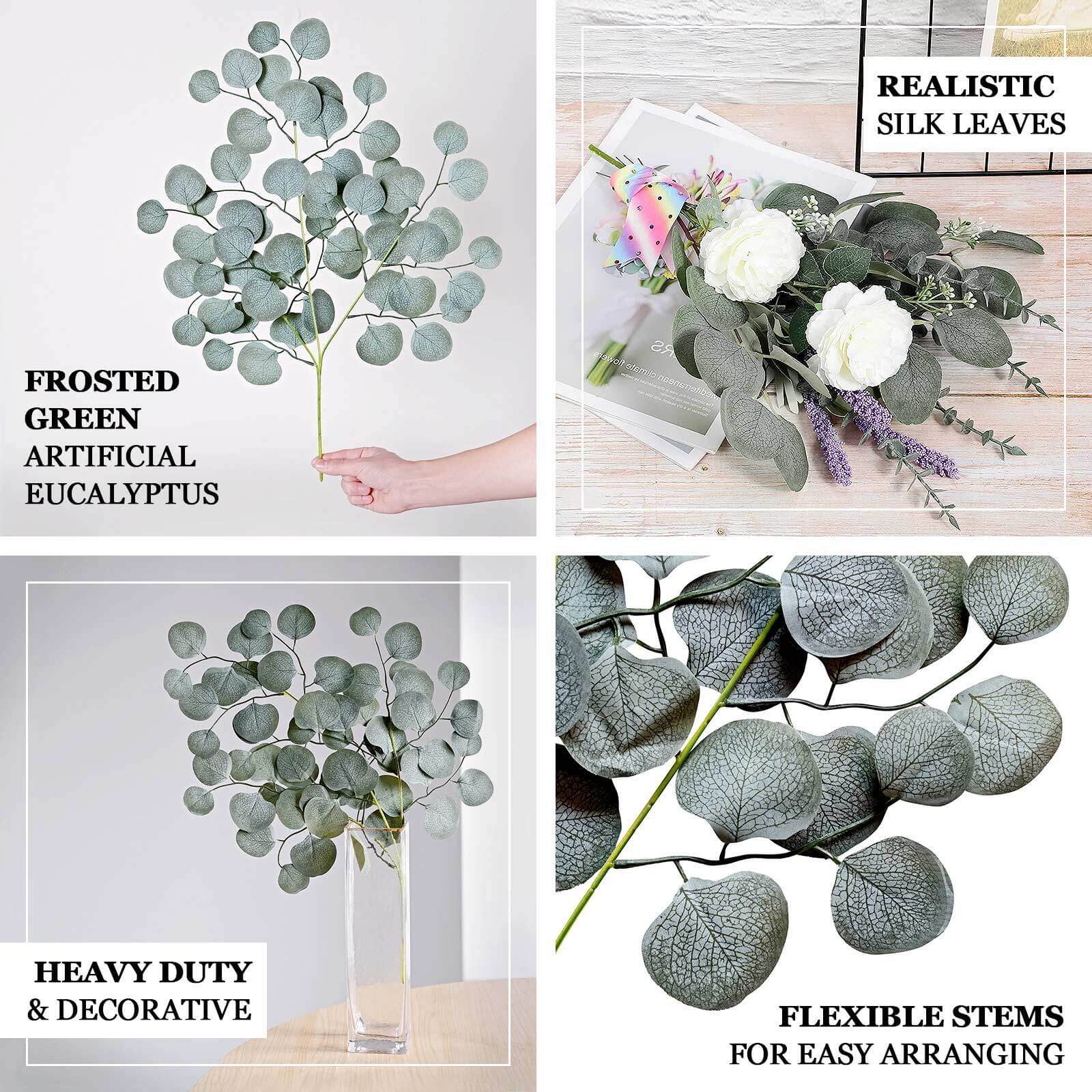 4 Pack Real Touch Frosted Green Artificial Silk Eucalyptus Leaf Stems 25" - Image 4