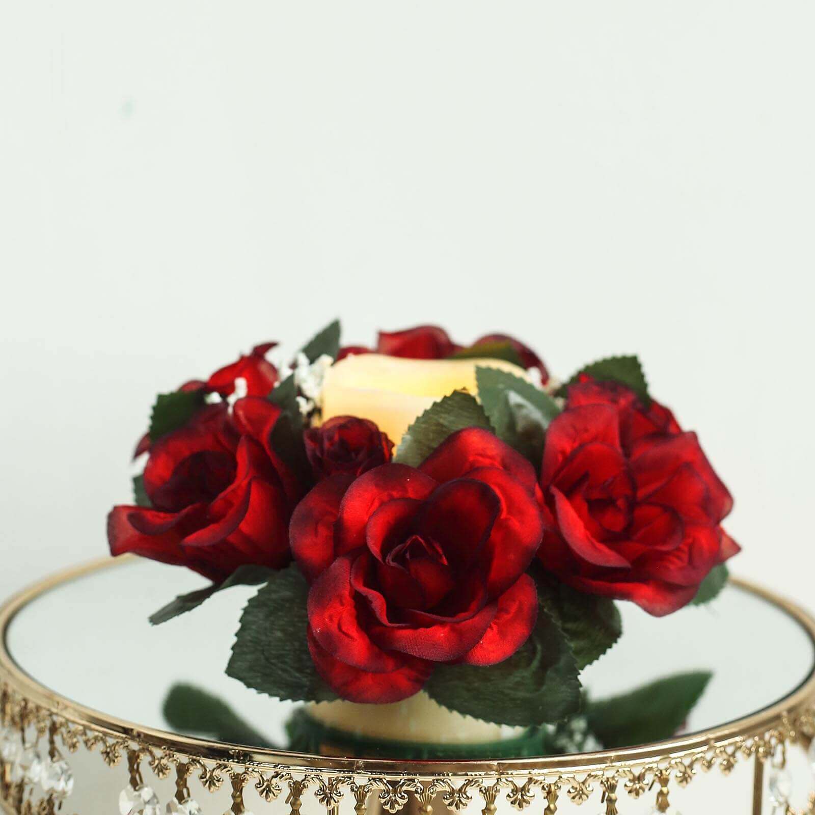 4 Pack Black/Red Artificial Silk Rose Flower Candle Ring Wreaths 3"