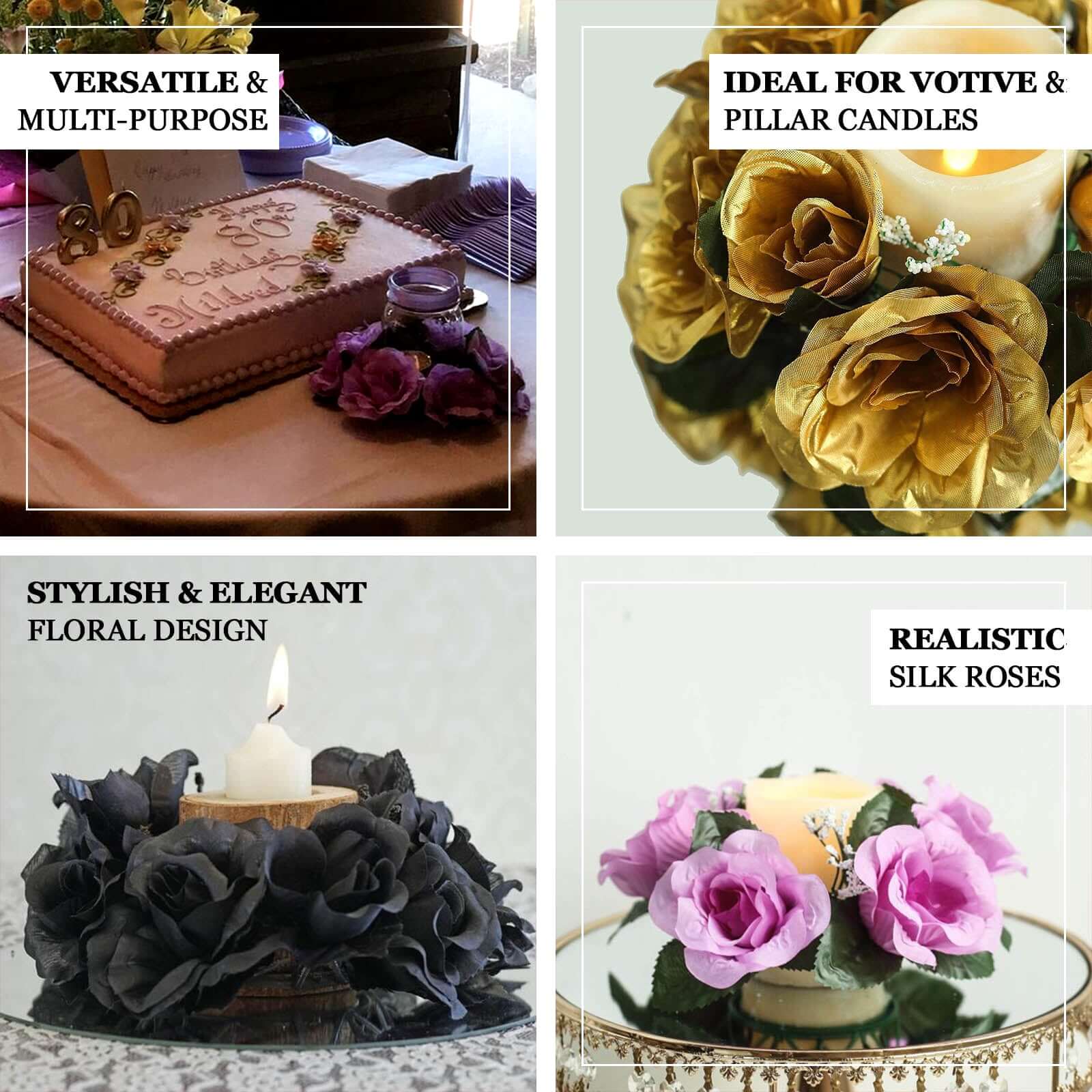 4 Pack Black/Red Artificial Silk Rose Flower Candle Ring Wreaths 3" - Image 4