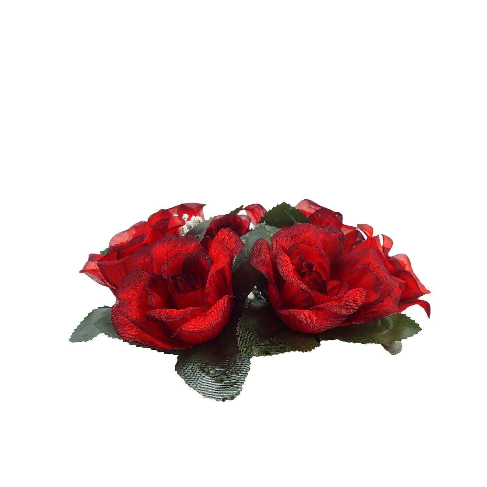 4 Pack Black/Red Artificial Silk Rose Flower Candle Ring Wreaths 3" - Image 6