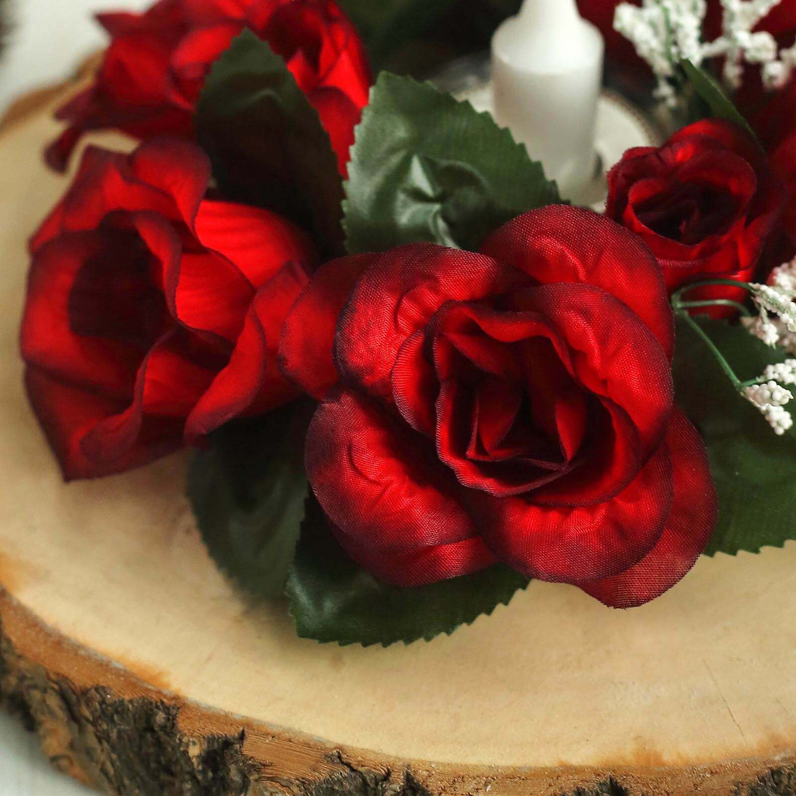 4 Pack Black/Red Artificial Silk Rose Flower Candle Ring Wreaths 3" - Image 7