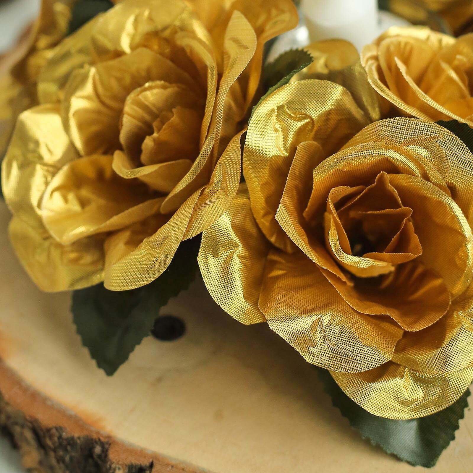 4 Pack Gold Artificial Silk Rose Flower Candle Ring Wreaths 3" - Image 2