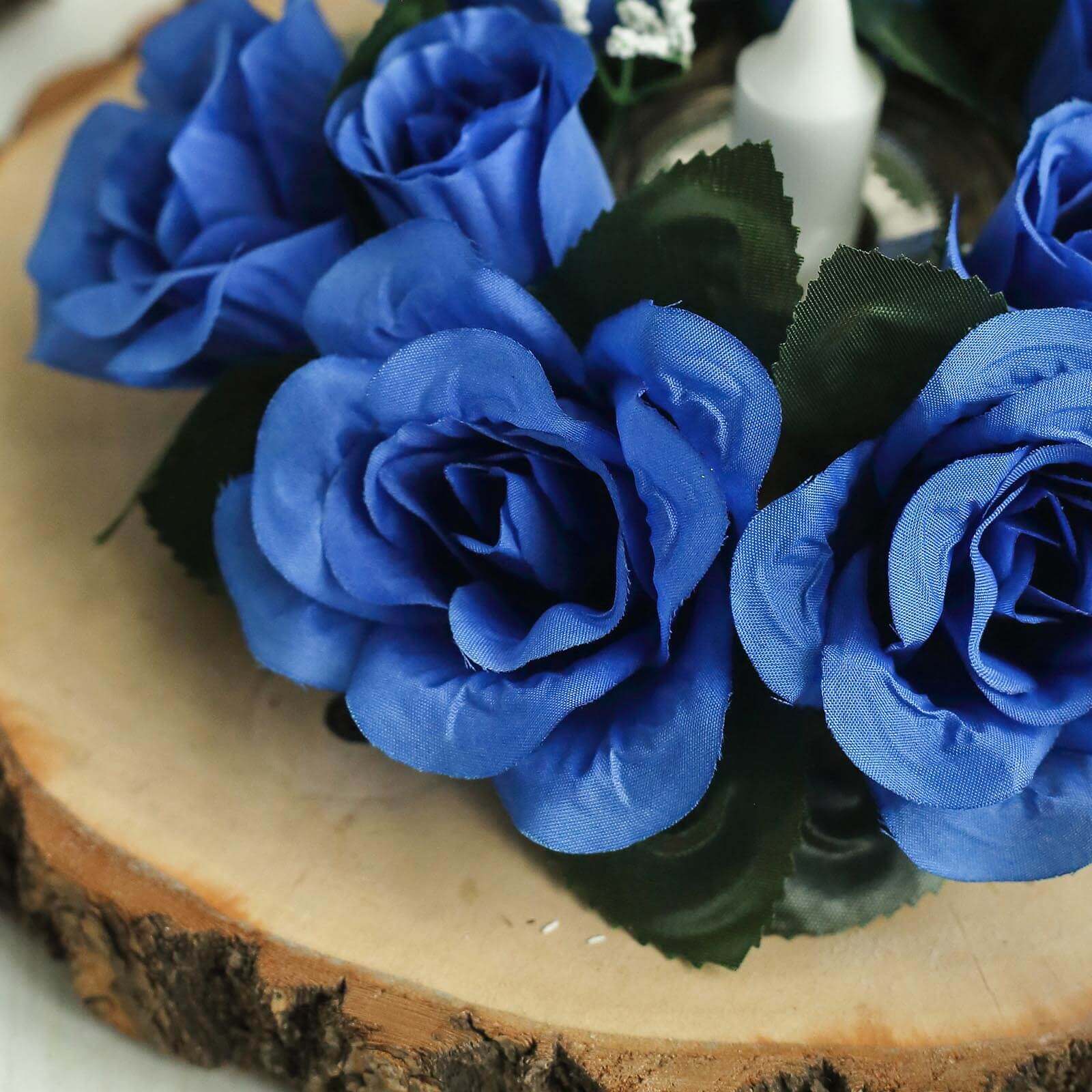 4 Pack Royal Blue Artificial Silk Rose Flower Candle Ring Wreaths 3" - Image 2