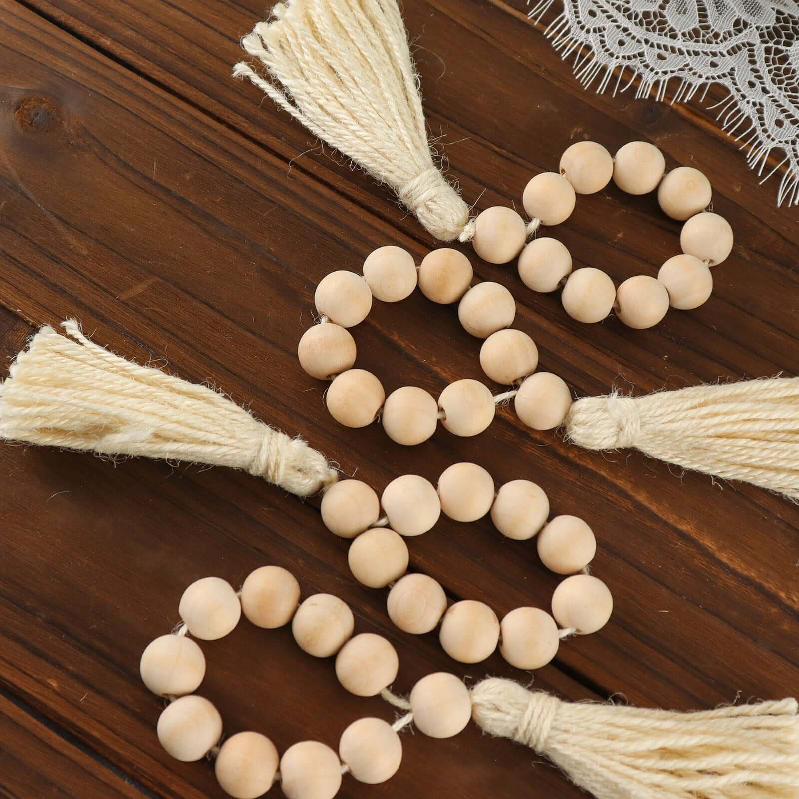 4 Pack Cream Farmhouse Country Wood Bead Napkin Rings With Tassels, Rustic Boho Chic Napkin Holders 6" - Image 2