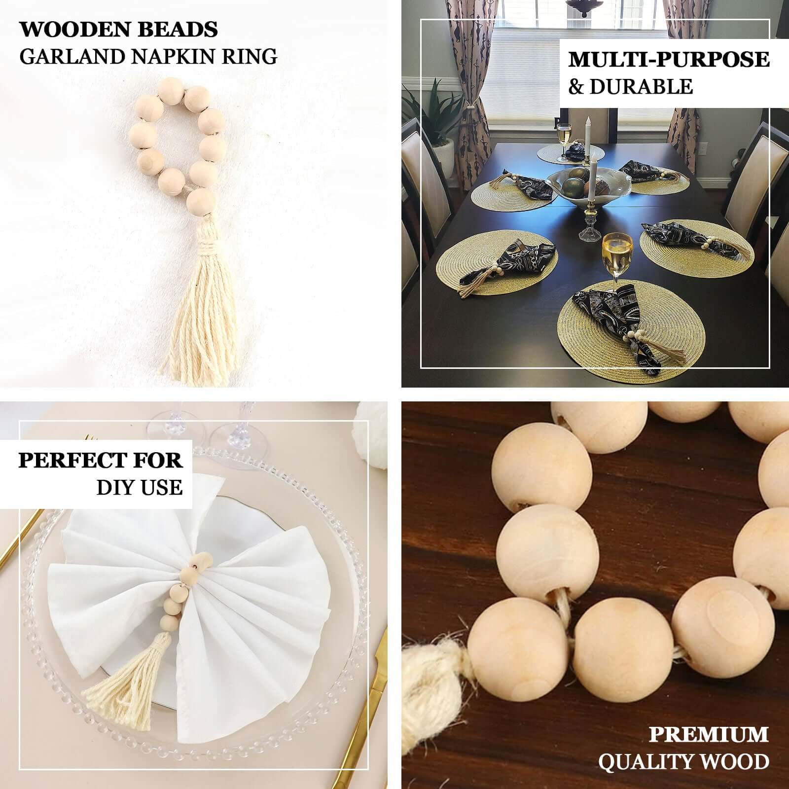 4 Pack Cream Farmhouse Country Wood Bead Napkin Rings With Tassels, Rustic Boho Chic Napkin Holders 6" - Image 4