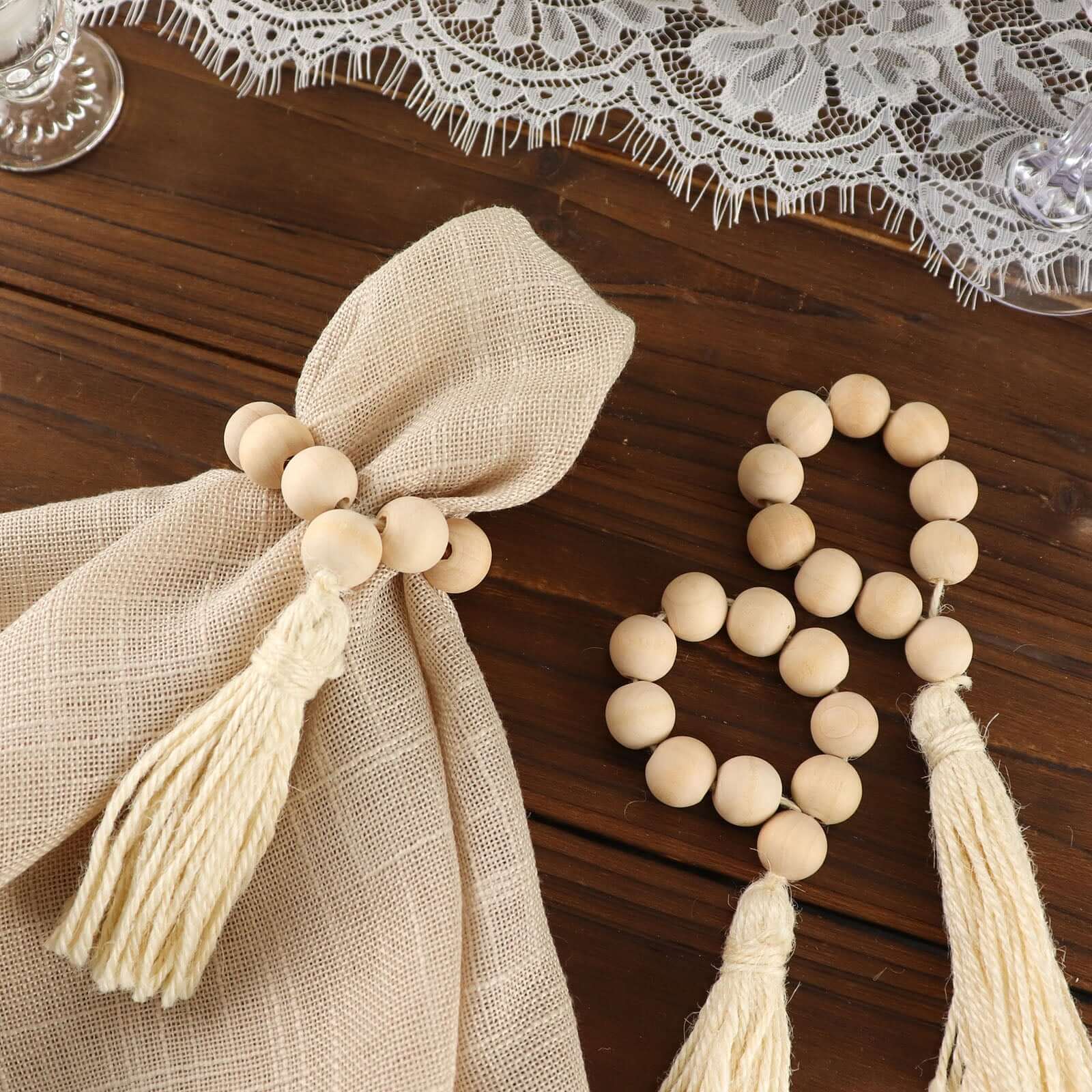 4 Pack Cream Farmhouse Country Wood Bead Napkin Rings With Tassels, Rustic Boho Chic Napkin Holders 6" - Image 6