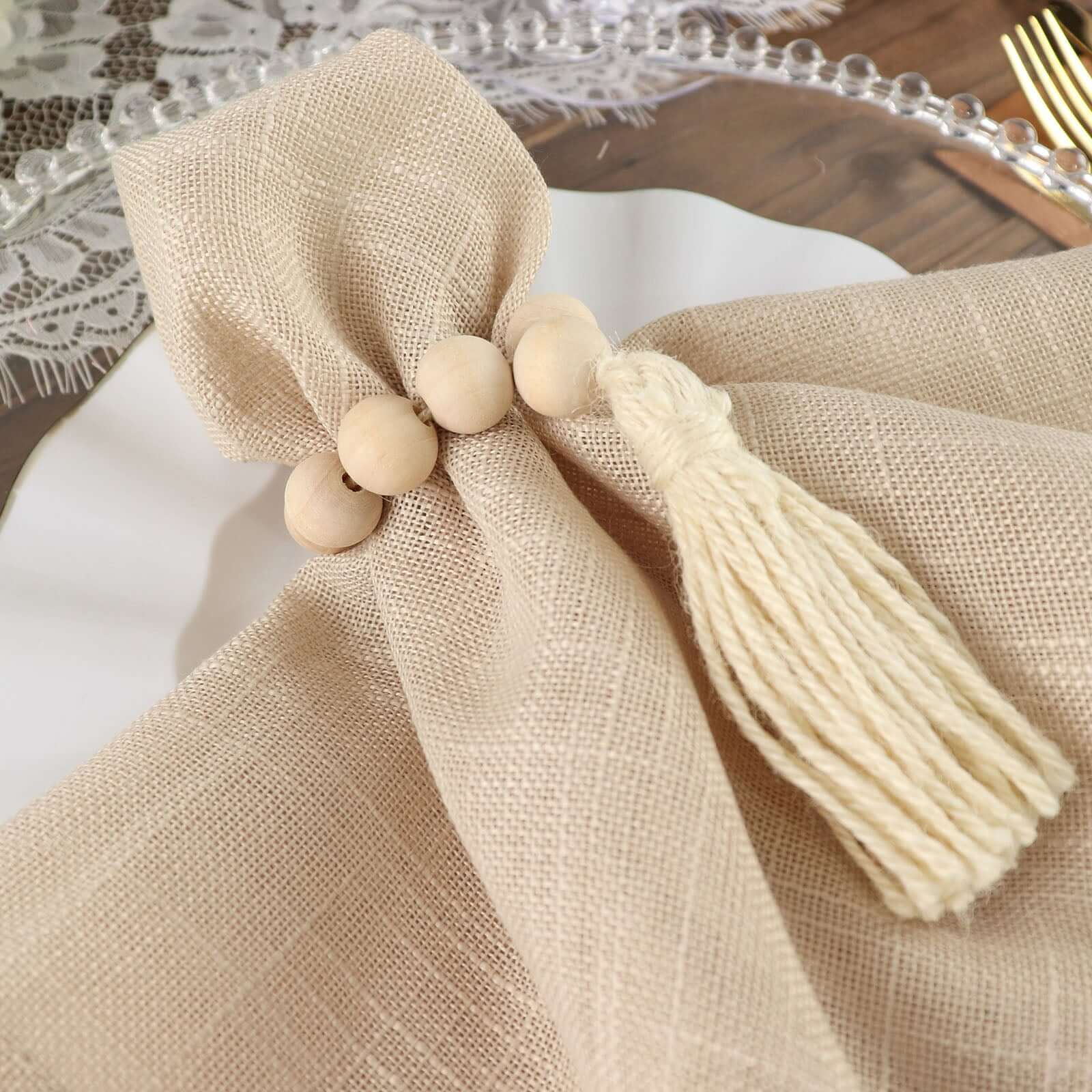 4 Pack Cream Farmhouse Country Wood Bead Napkin Rings With Tassels, Rustic Boho Chic Napkin Holders 6" - Image 8