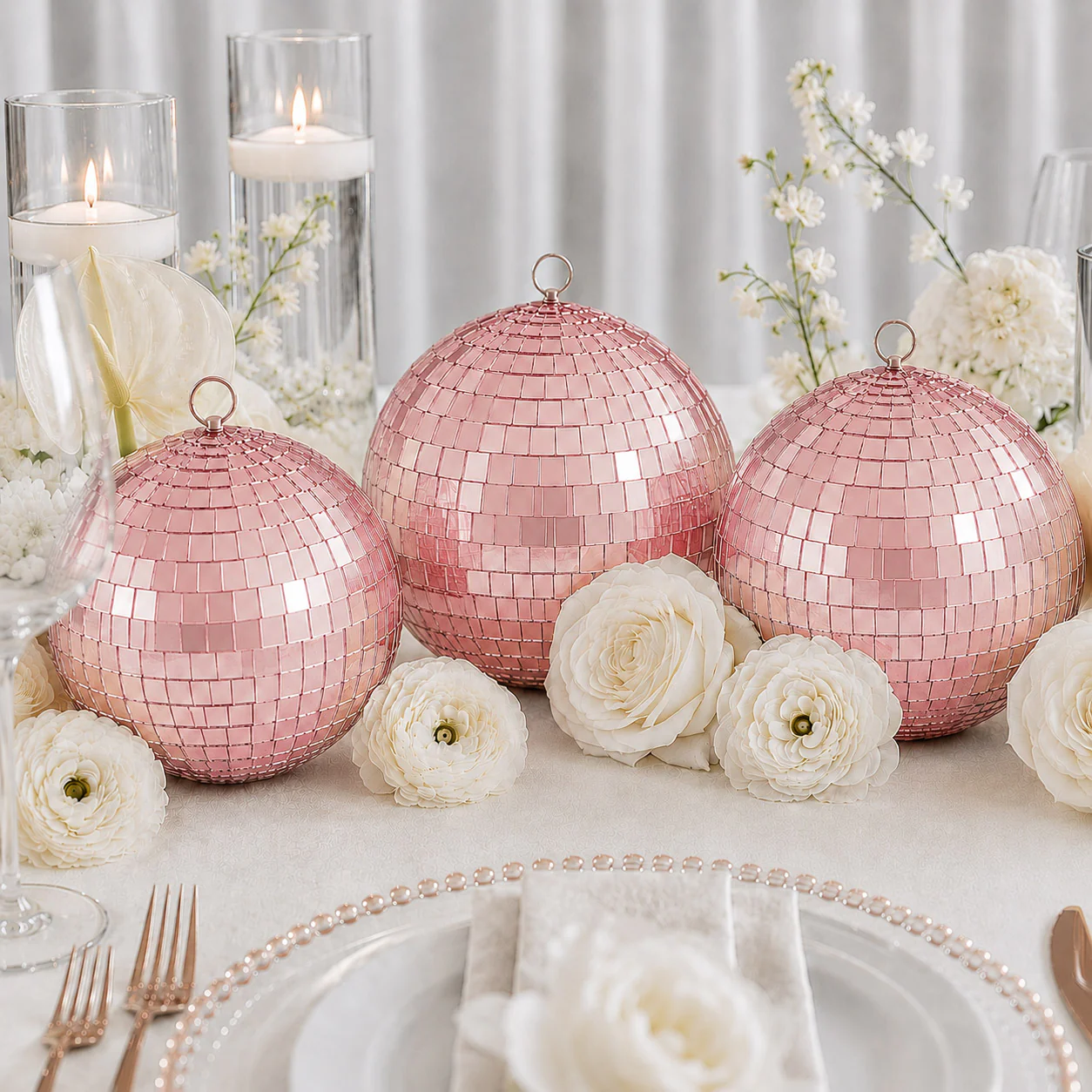 4 Pack Rose Gold Foam Disco Mirror Ball With Hanging Strings, Holiday Christmas Ornaments 6" - Image 6
