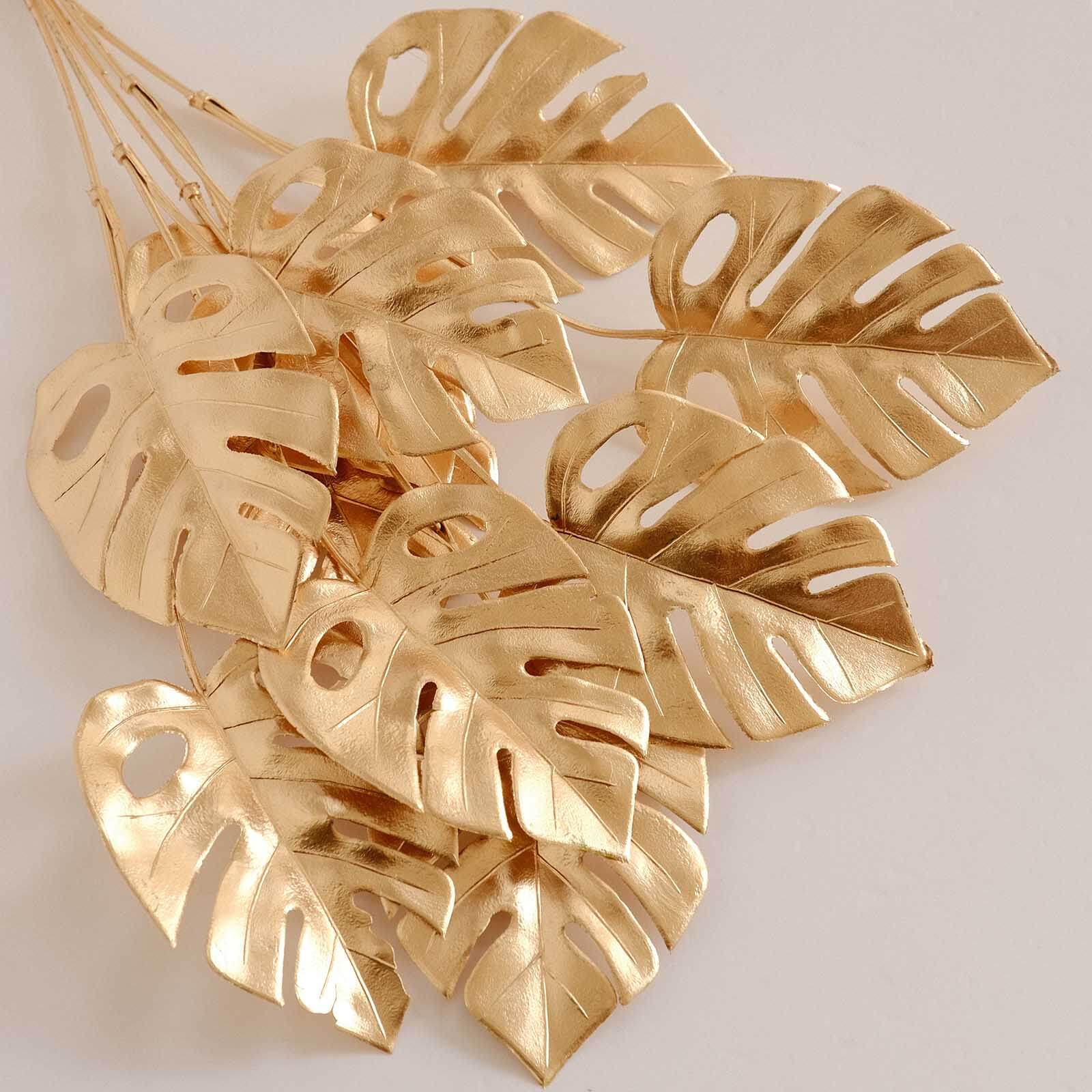 4-Pack Artificial Monstera Leaves Bushes 14" Metallic Gold - Lush Hawaiian Luau Jungle Themed Tropical Palm Leaf Decor Floral Accent - Image 10