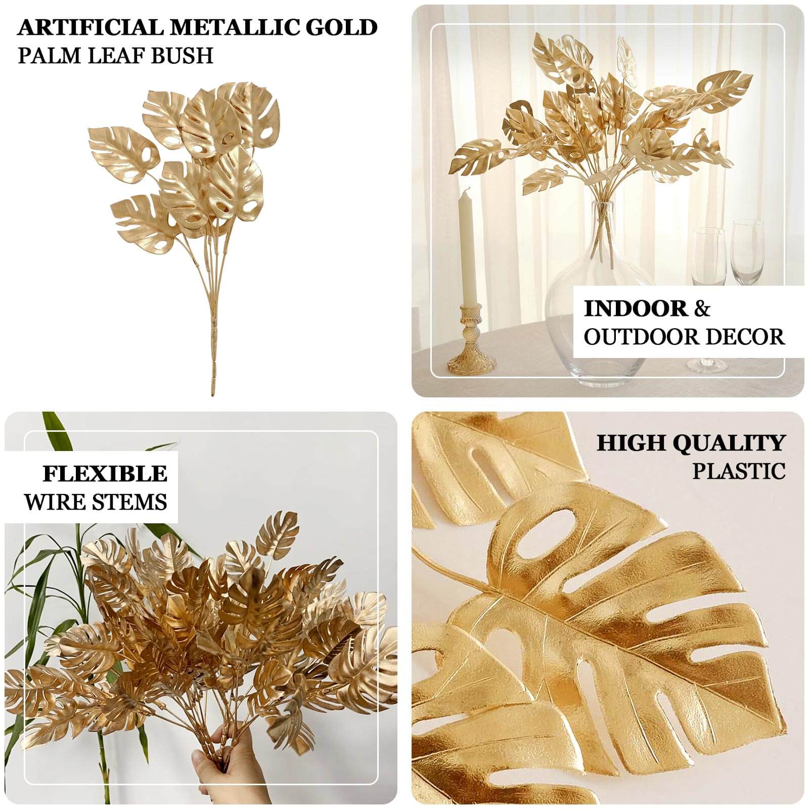4-Pack Artificial Monstera Leaves Bushes 14" Metallic Gold - Lush Hawaiian Luau Jungle Themed Tropical Palm Leaf Decor Floral Accent - Image 4