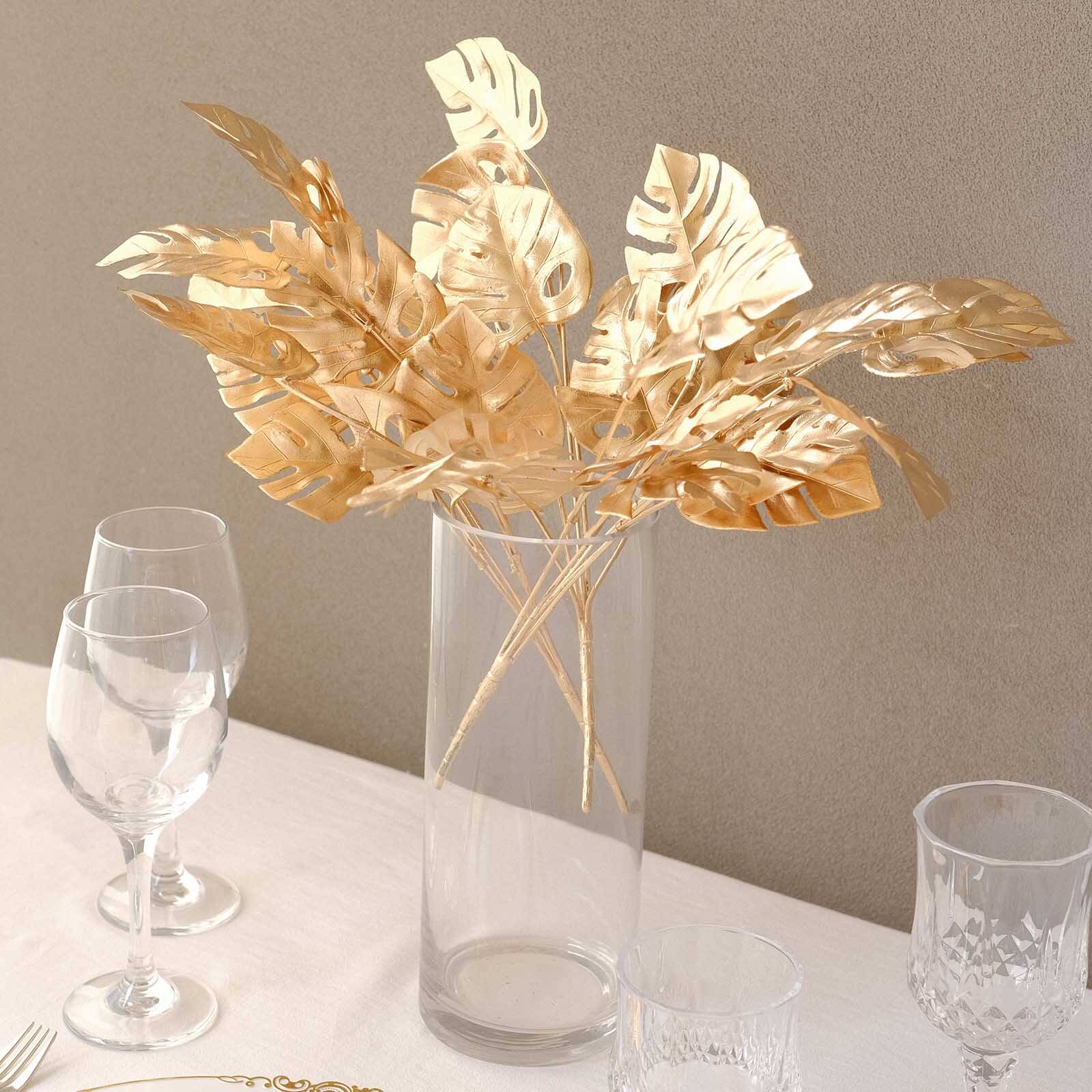 4-Pack Artificial Monstera Leaves Bushes 14" Metallic Gold - Lush Hawaiian Luau Jungle Themed Tropical Palm Leaf Decor Floral Accent - Image 5