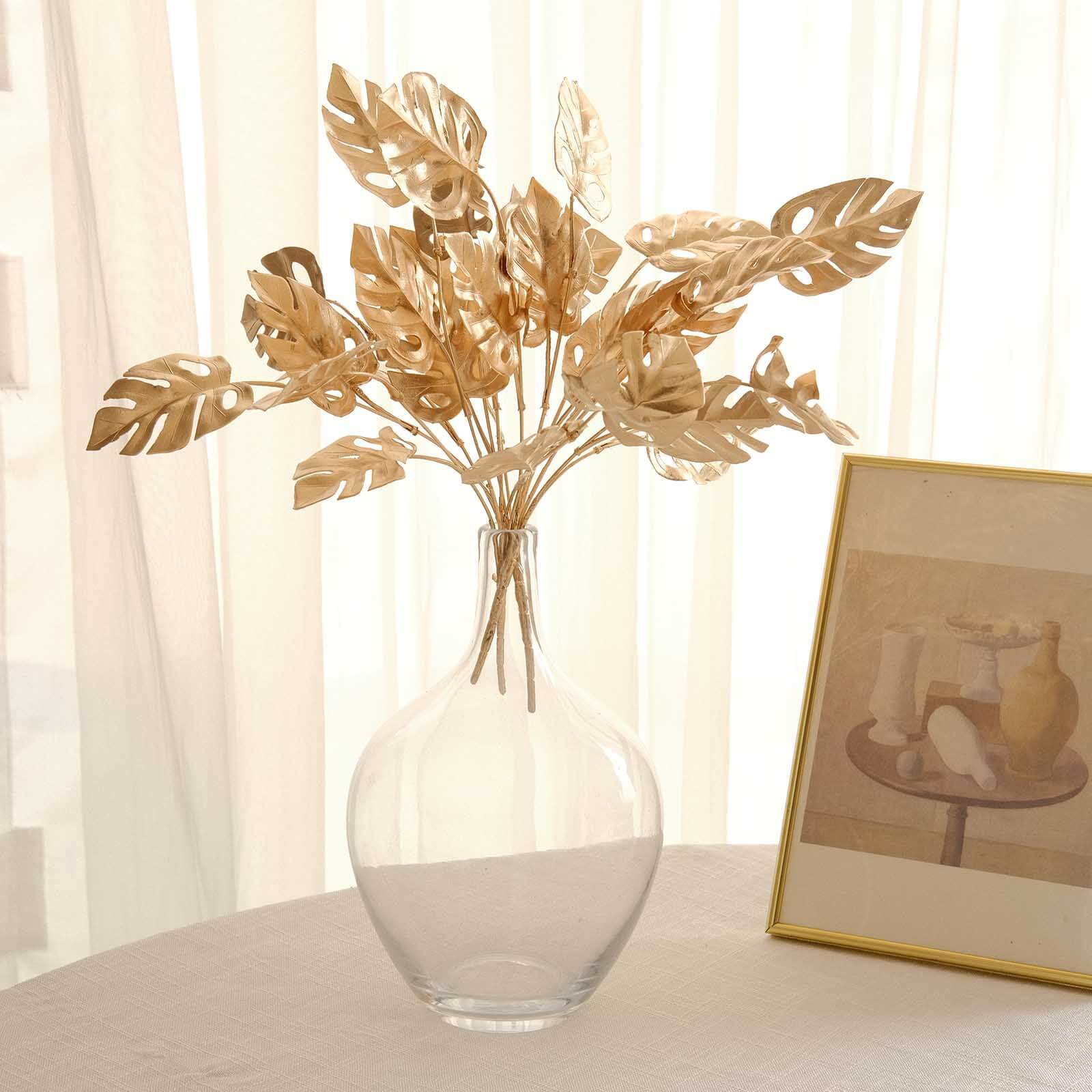 4-Pack Artificial Monstera Leaves Bushes 14" Metallic Gold - Lush Hawaiian Luau Jungle Themed Tropical Palm Leaf Decor Floral Accent - Image 6