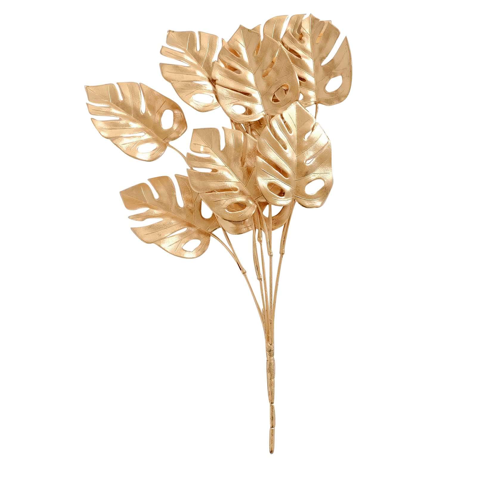 4-Pack Artificial Monstera Leaves Bushes 14" Metallic Gold - Lush Hawaiian Luau Jungle Themed Tropical Palm Leaf Decor Floral Accent - Image 7
