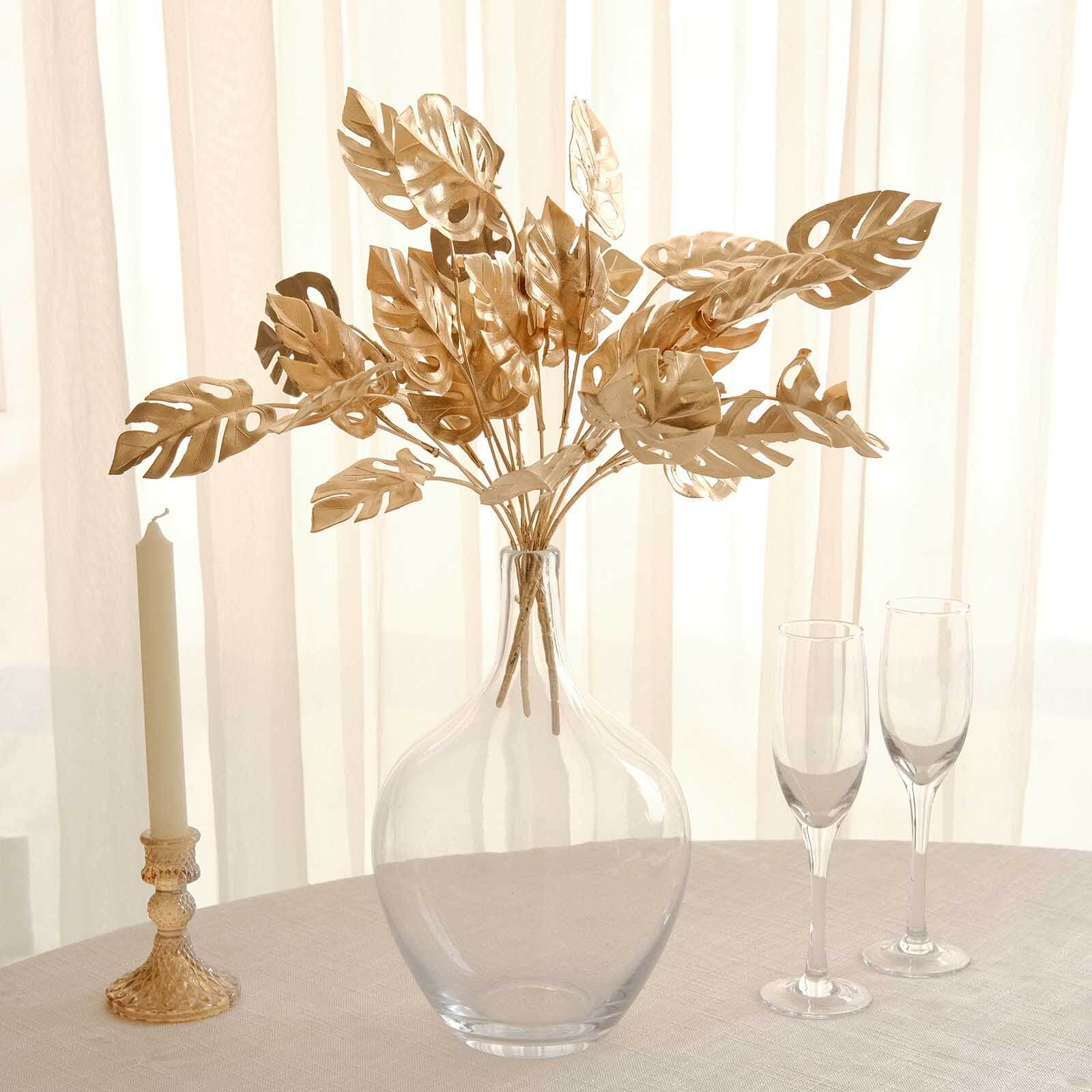 4-Pack Artificial Monstera Leaves Bushes 14" Metallic Gold - Lush Hawaiian Luau Jungle Themed Tropical Palm Leaf Decor Floral Accent - Image 8