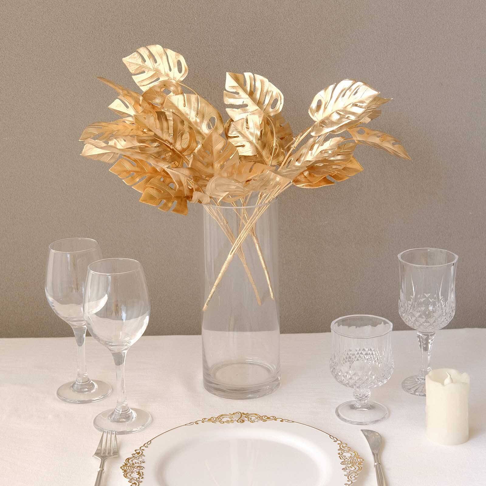 4-Pack Artificial Monstera Leaves Bushes 14" Metallic Gold - Lush Hawaiian Luau Jungle Themed Tropical Palm Leaf Decor Floral Accent - Image 9